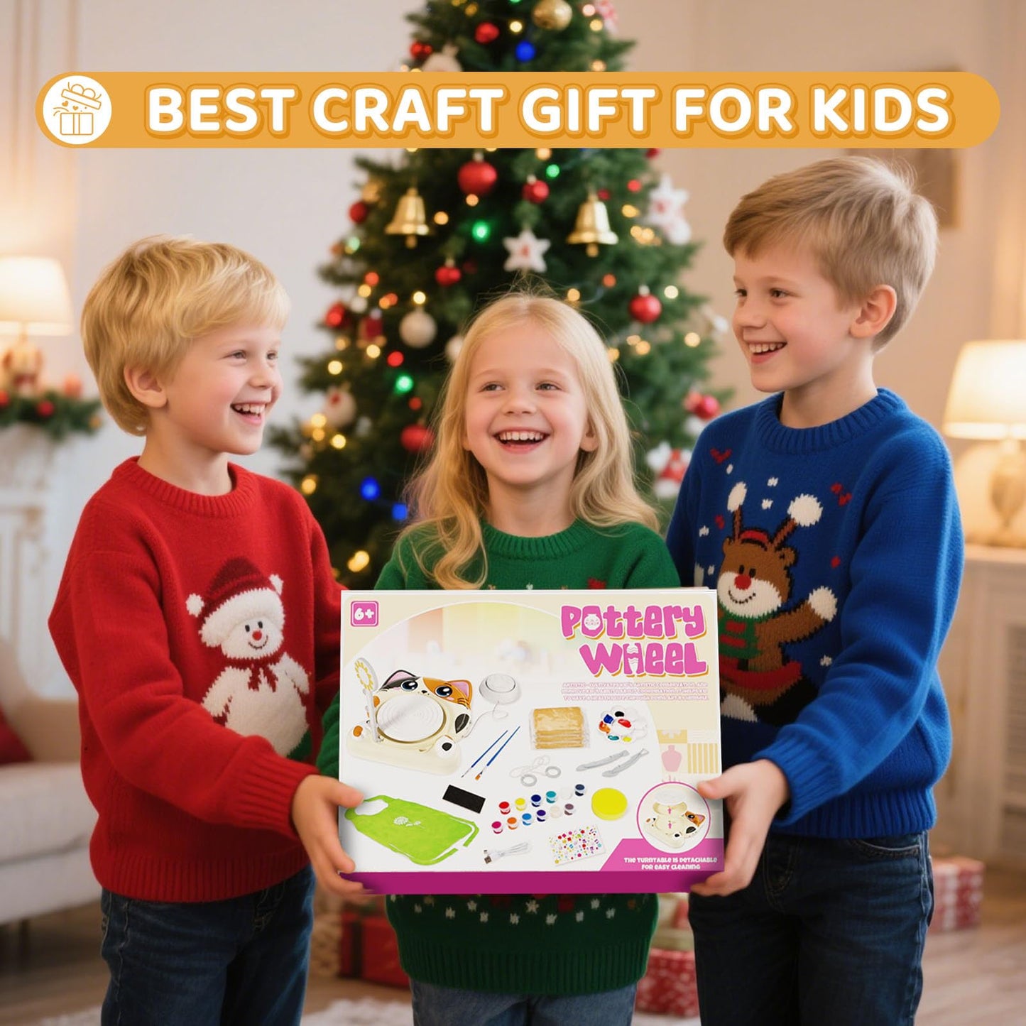Funny CAT Pottery Wheel Kit for Kids Beginners Wheel with Foot Pedal & Painting Kit/Adjustable Speed, Dry Clay Arts & Crafts for Boys Girls 6 7 8 9 DIY Pottery Tools Art Supplies Craft Toy Teenager Girls Birthday Gift