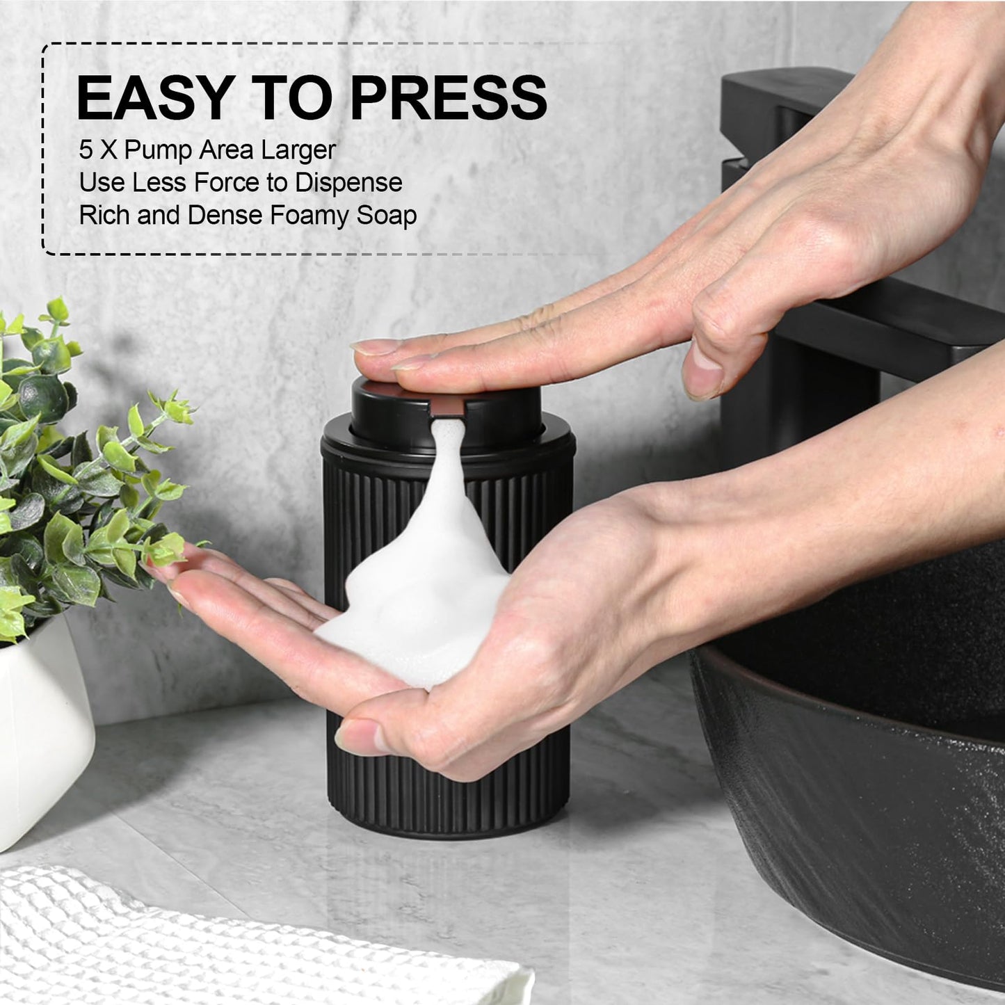 KASUNTING Matte Black Foaming Soap Dispenser, 2 Pack Ribbed Glass Foam Hand Soap Dispenser for Bathroom, Refillable Foaming Pump Bottle with Black Pump, Modern Dish Soap Foam Dispenser