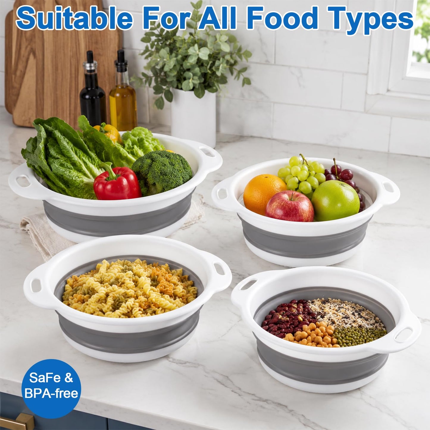 ECHOSAMEN Kitchen Collapsible Colander Set with Draining Base, Edge of Sink Strainer - Space-Saving Food-Grade Silicone Basket with D-Handle for Draining & Rinsing Pasta, Fruits, Vegetables(White)