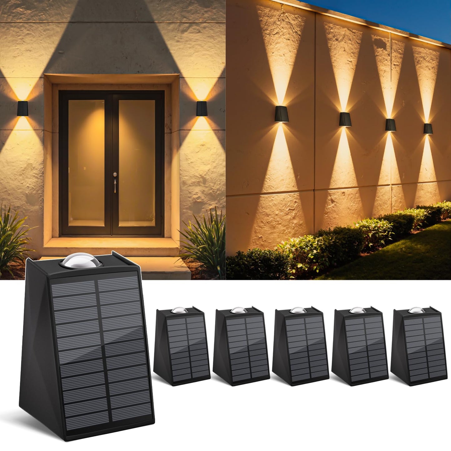 6 Pack Solar Wall Lights Outdoor Waterproof Up and Down 2 LED Fence Sconce for House, Patio, Porch, Yard, Garden, Garage and Pool for Security and Decorative Lighting, Wall Mounted Install(Warm White)