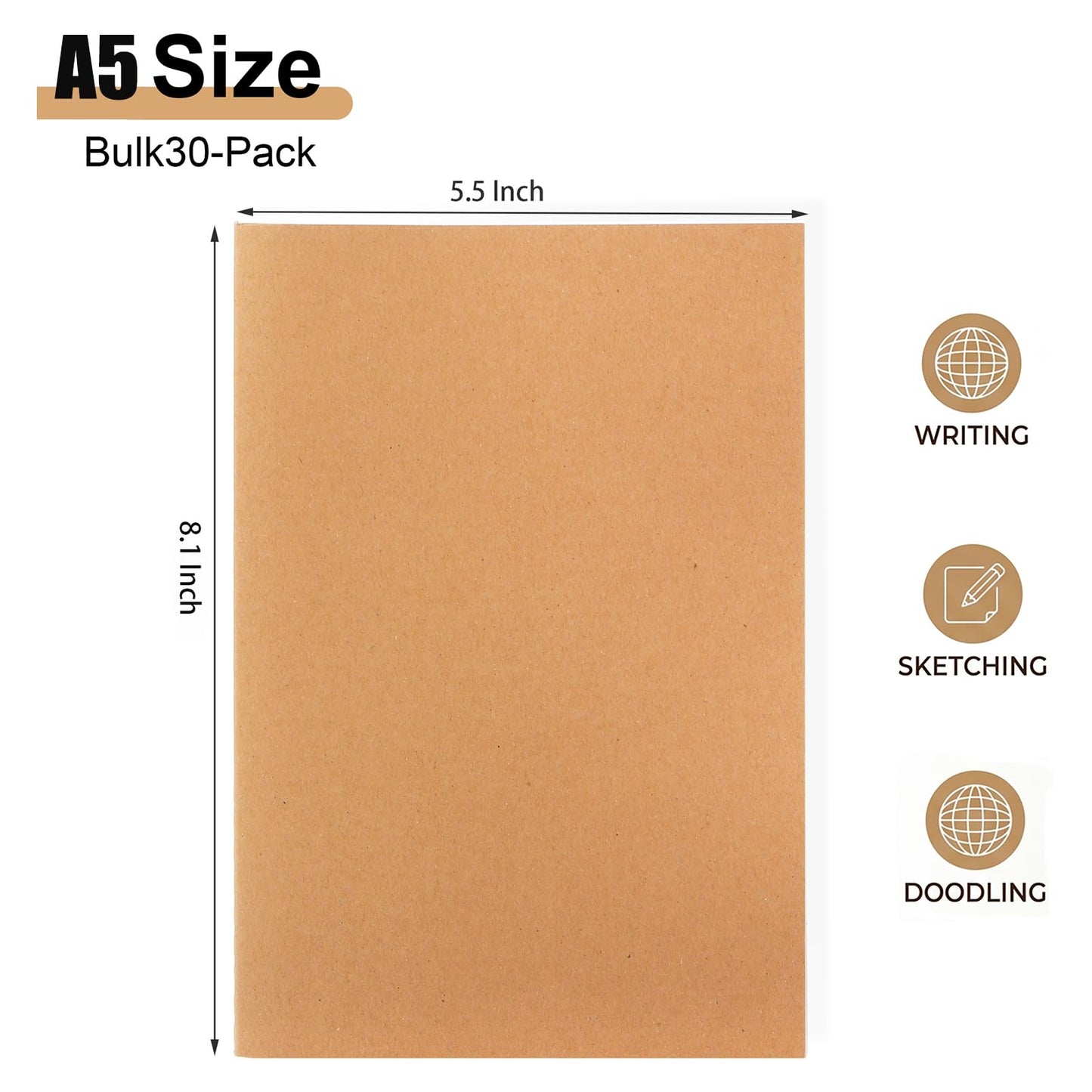 Nicunom 30 Pack A5 Kraft Notebooks, 8.3x5.5 inch Bulk Blank Journals, Travel Journal Unlined Sketchbooks Memo Diary Planner for Office Classroom Supplies, 60 Pages