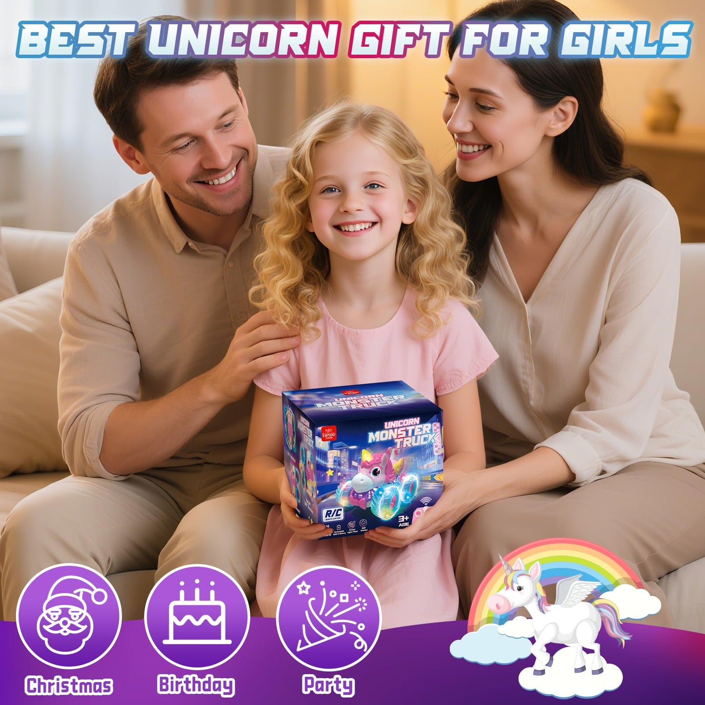 Lehoo Castle Remote Control Car for Girls 360° Rotating, Unicorn Monster Truck Toys with LED Lights, 4WD All Terrain RC Stunt Car Rechargeable, 2.4GHz RC Truck for 3 4 5 6 7 8 Girls Birthday Gift