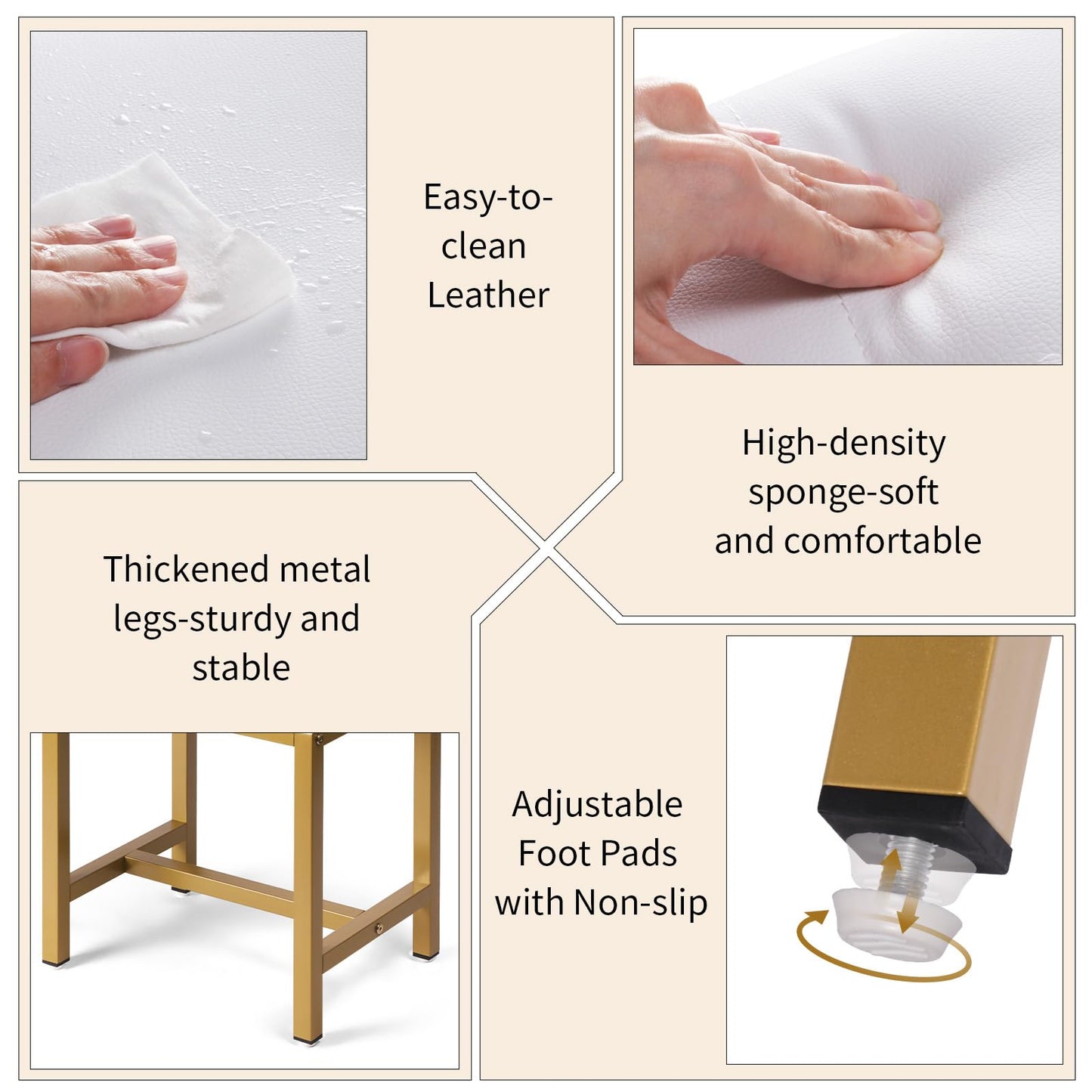 Saddle Seat Vanity Stool, Makeup Stool Chair with Metal Leg, U-Shaped PU Ottoman Foot Rest Stool, Small Square Chairs Under Desk for Vanity, Living Room, Bedroom, Modern Makeup Bench White&Gold