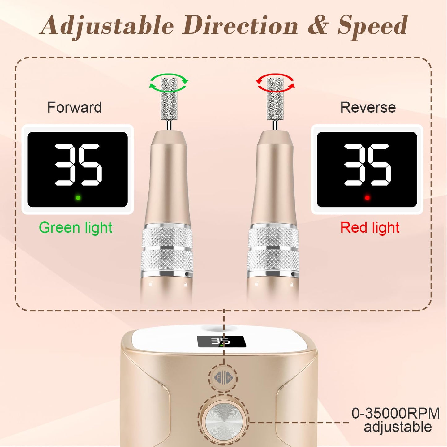 Kredioo Nail Drill Machine for Gel Acrylic Nails, 35000RPM Electric Nail File Professional Ongle E-drills with 11 Bits Manicure Pedicure Care Nails Kit for Gel Polish Remover Home Salon Tools-Gold