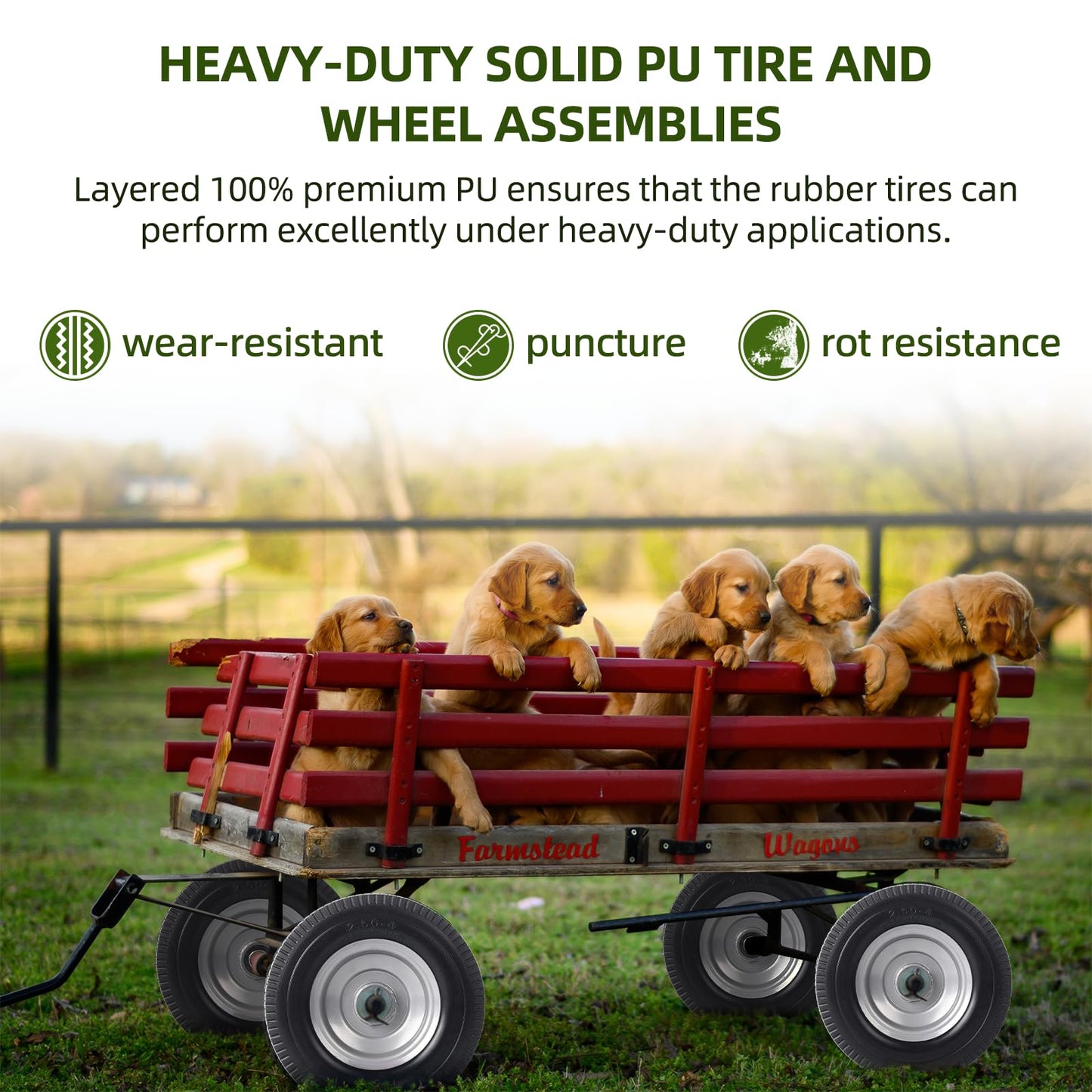 (2-Pack) AR-PRO 2.50-4” Solid PU Run-Flat Tire Wheel Assemblies - 8” Flat Free Tubeless Tires and Wheels for Utility Equipment - 5/8” Axle Bore Hole, 2 1/4” Offset Hub, and Double-Sealed Ball Bearings