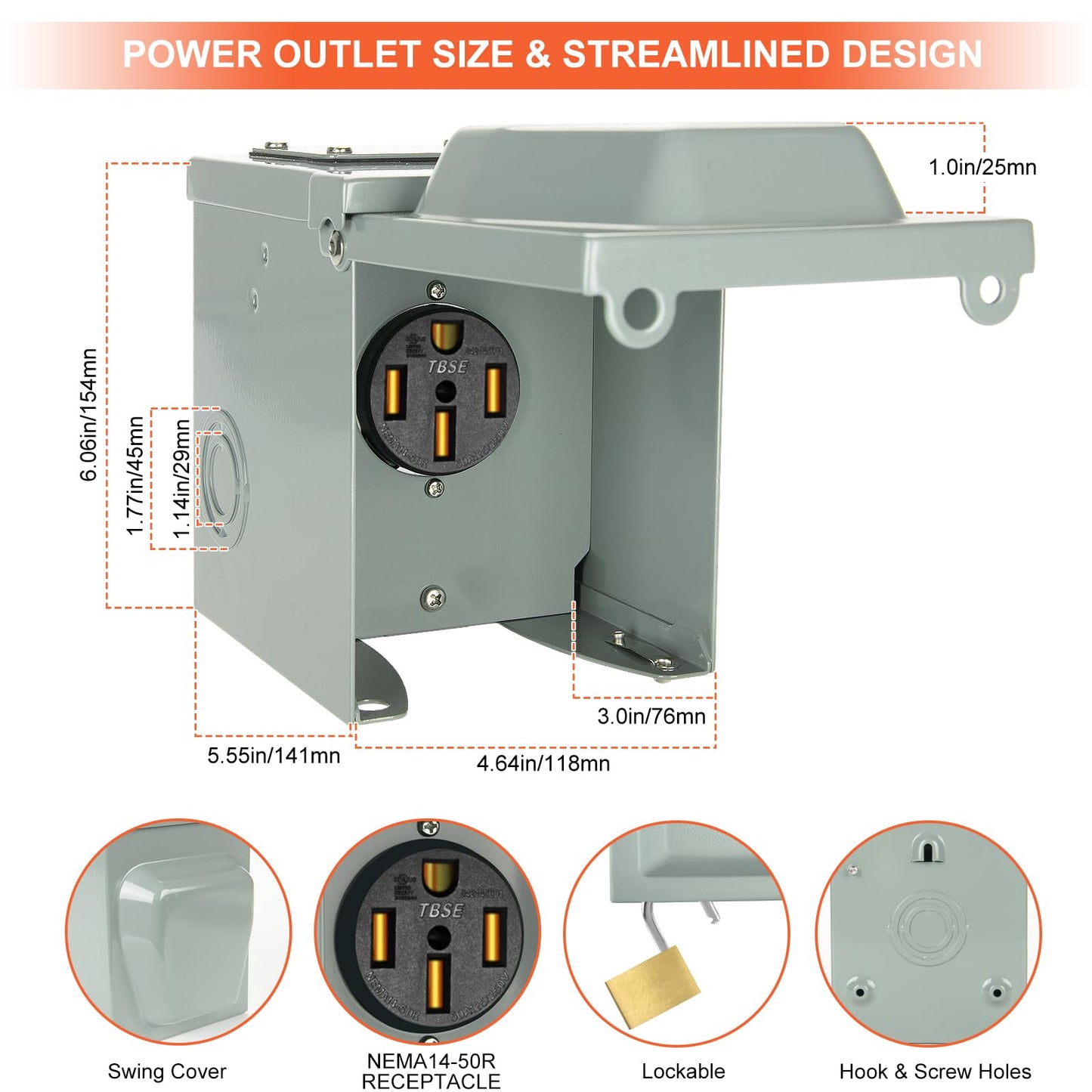 WELLUCK RV Power Outlet Box 50 Amp 125/250V, Nema 14-50R RV Power Receptacle Panel Plug, Enclosed Lockable Weatherproof Outdoor Electrical Box