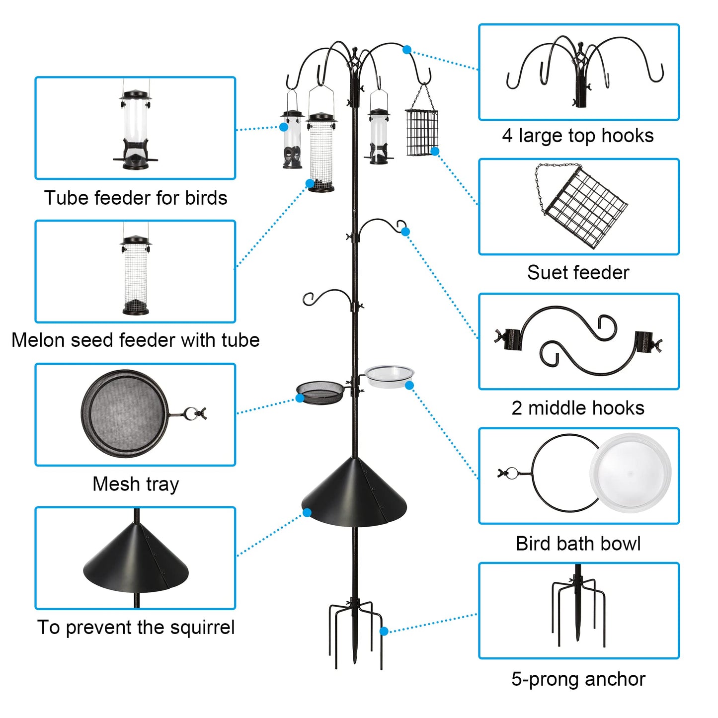 Ointo Garden 6-Hook Bird Feeding Station, Steel Multi-Feeder Kit Stand for Attracting Wild Birds w/ 4 Bird Feeders, Bird Bath, Mesh Tray and Squirrel Guard Baffle，94 Inch