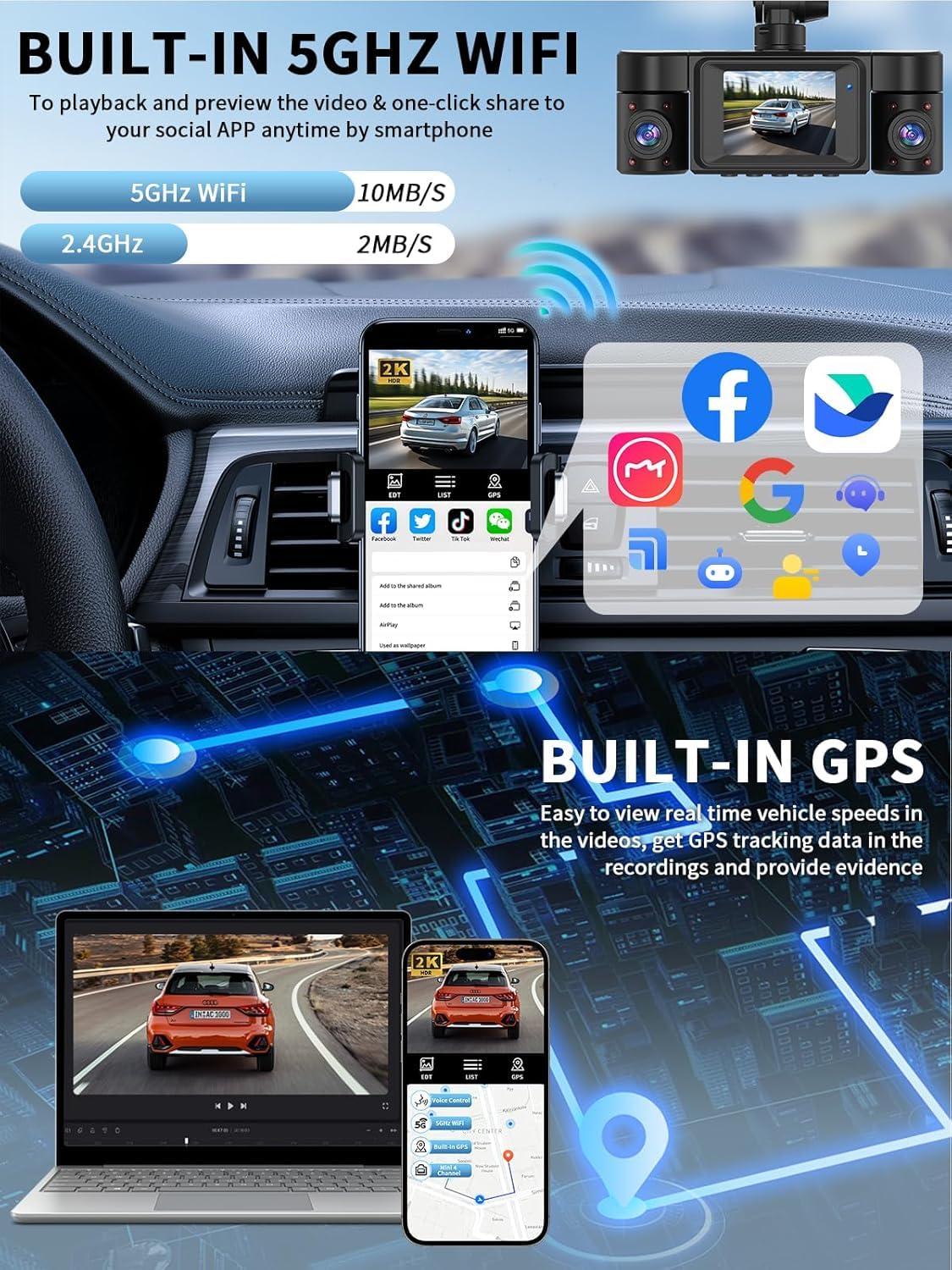 4K Dash Cam, Dashcam Front and Rear, Car Camera 4 Channel, 4K/2K UHD Dash Camera for Cars, Dash Cam Built-in 5GHz WiFi GPS Voice Control, Night Vision, with 64GB Card, 24H Parking Mode V50