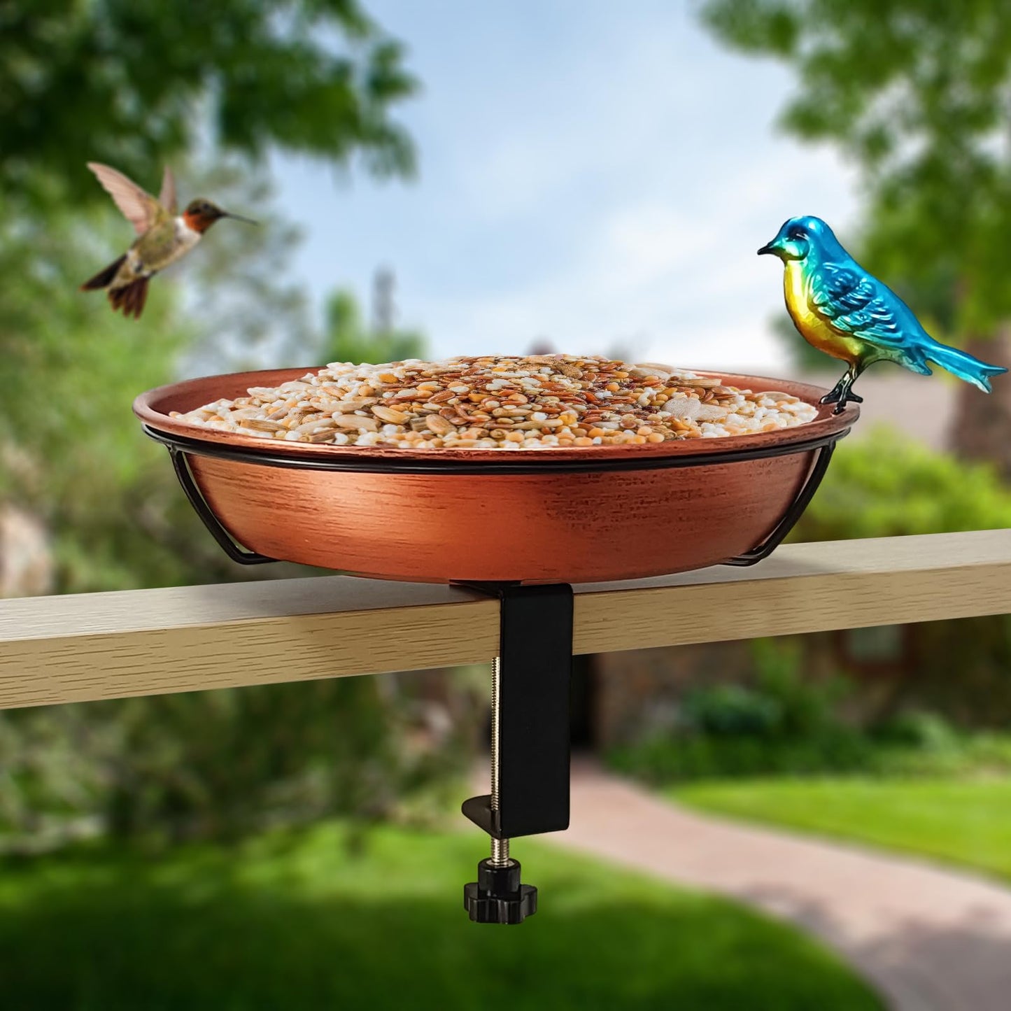 Keygift Deck Bird Bath for Outdoors, 11" Copper Metal Birdbath Bowl with Adjustable Big Steel Clamp Backyard Bird Bath&Bird Feeder for Railing Balcony Fence Yard Art Garden Decor