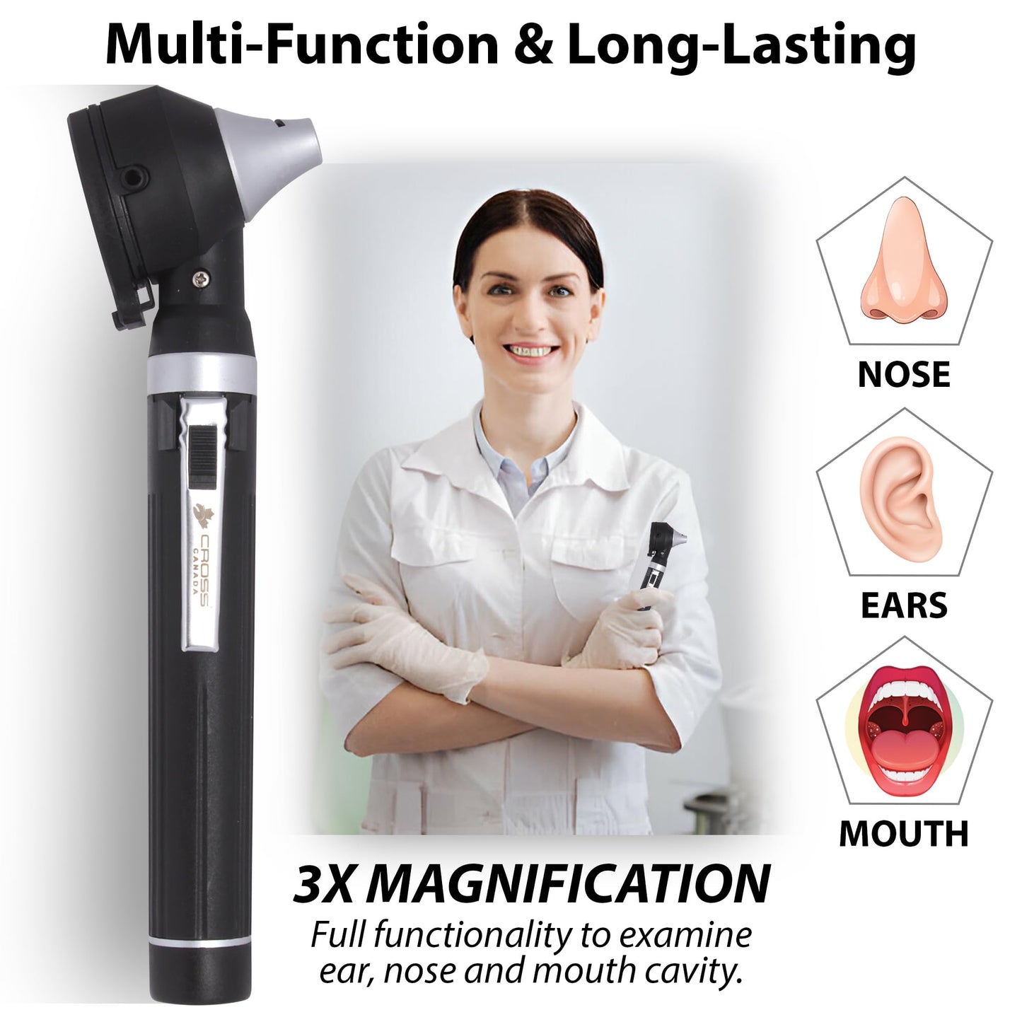 Cross Canada Physician Fiber Optic LED Pocket Otoscope Diagnostic Set for Detection of Ear Infection or an aid in Ear Cleaning-Otoscope for Medical Student Doctor Nurse Baby Adult Pet/Animal (Black)