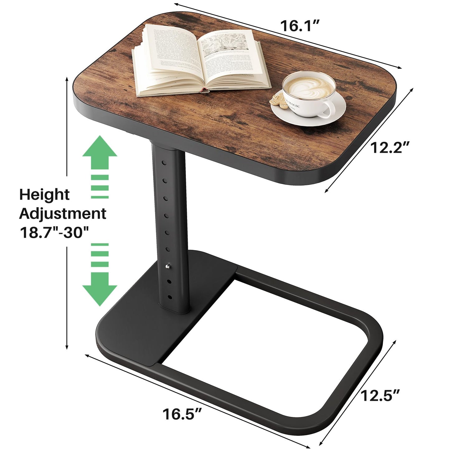 Kitstorack TV Tray Table, Adjustable Height & 90° Flip-Over Panel Design, Sofa Arm End Side Table for Eating Laptop Couch Bed Dinner or Small Spaces (Rustic Brown,Black)