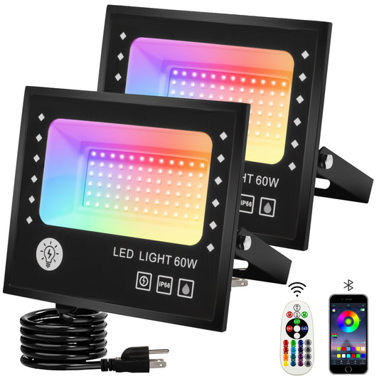 2 Pack LED Flood Light Outdoor 60W Equivalent 6000LM RGB Floodlight with APP Control, DIY Scenes, Timing, Music Sync, IP66 Waterproof Outdoor Lights