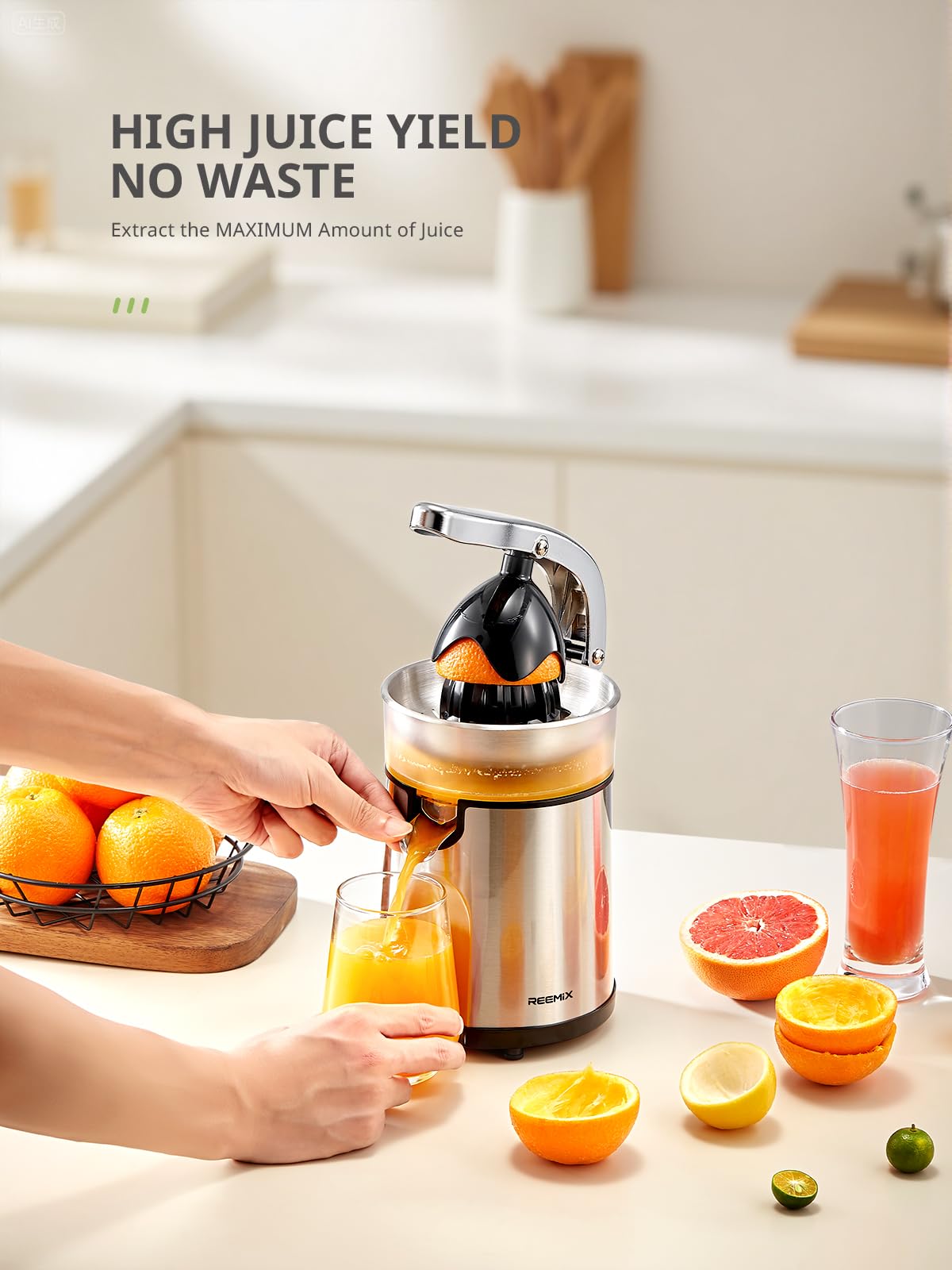 Reemix Electric Citrus Juicer - Orange, Lemon, Grapefruit Juicer with Stainless Steel Body & Transparent Juice Collector, Easy to Use for Fresh Squeezed Juice at Home