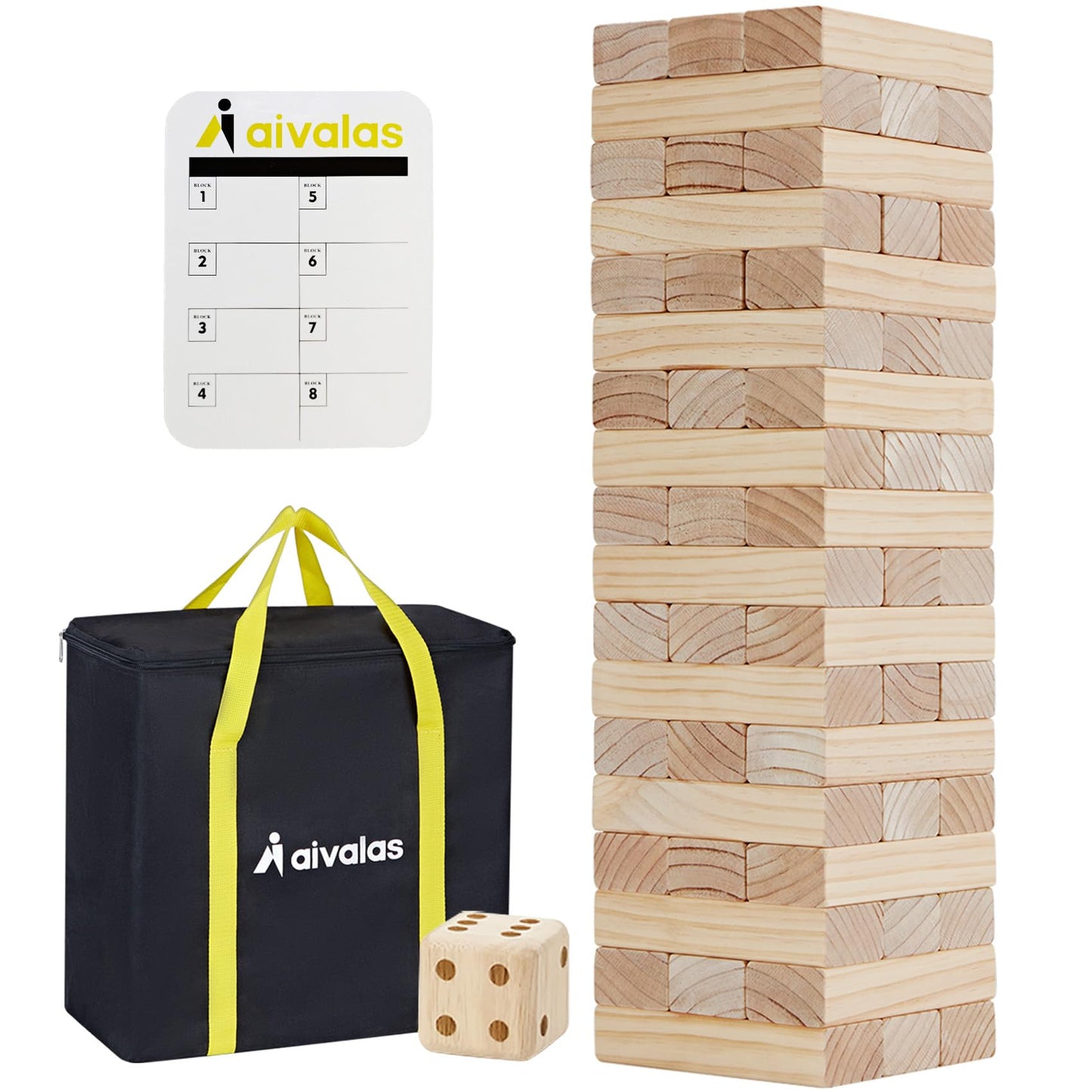 Aivalas Giant Timber Blocks Games, 56 Blocks Large Tower Outdoor Indoor Game - Includes Carry Bag and Scoreboard, Wood Stacking Yard Game Grows from 2Ft to Over 4.2Ft for Kids Adults Family
