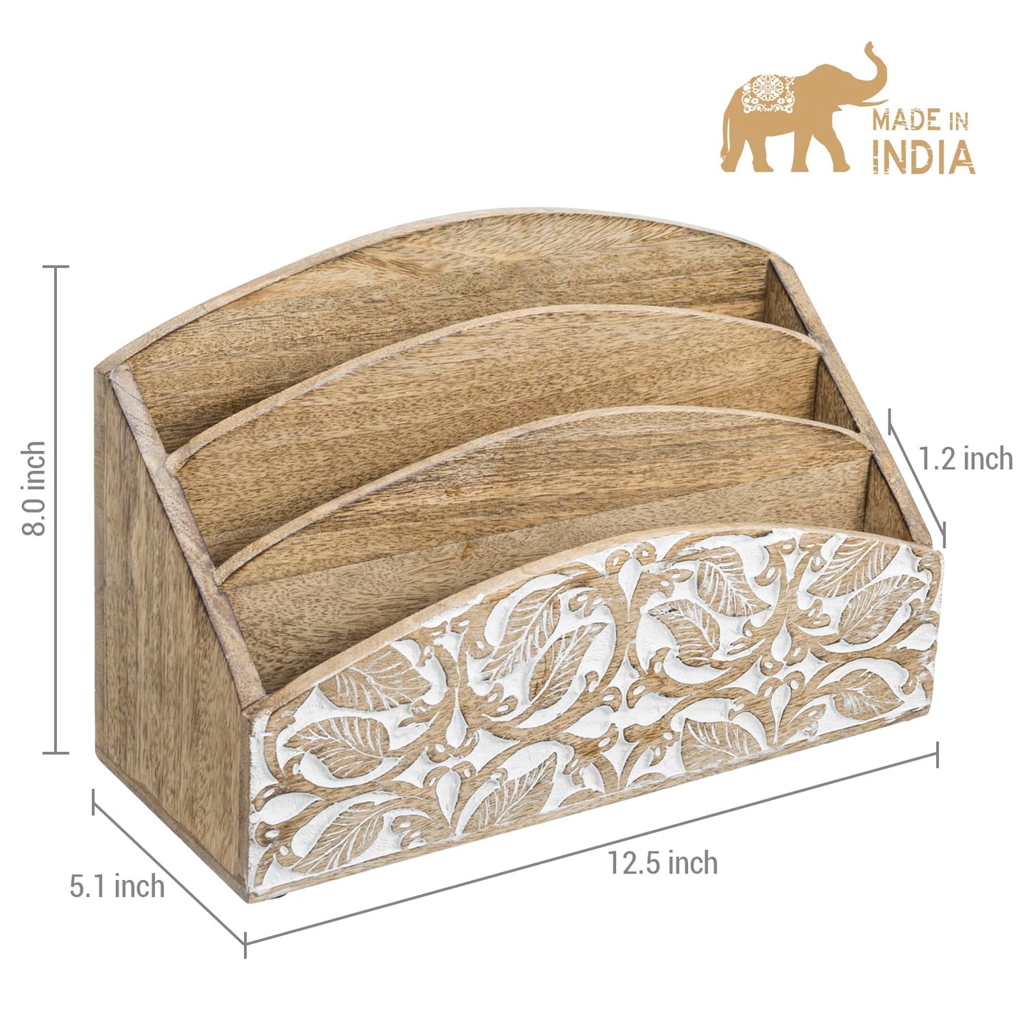 MyGift 3 Tier Rustic Solid Mango Wood Desk Mail Holder and Stationery Sorter with Hand Carved Leaf Pattern, Decorative Office Desktop Document Storage Organizer - Handcrafted in India, Small