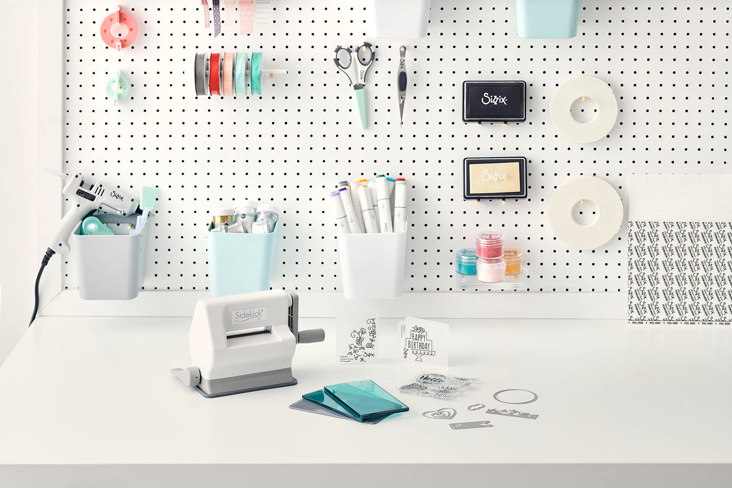 Sizzix 661770 Sidekick Starter Kit - White and Gray with Aqua Cutting Plates, Embossing Pad, Embossing Folders, Dies and Stamps-Item, White/Gray, 6.35 cm" Opening