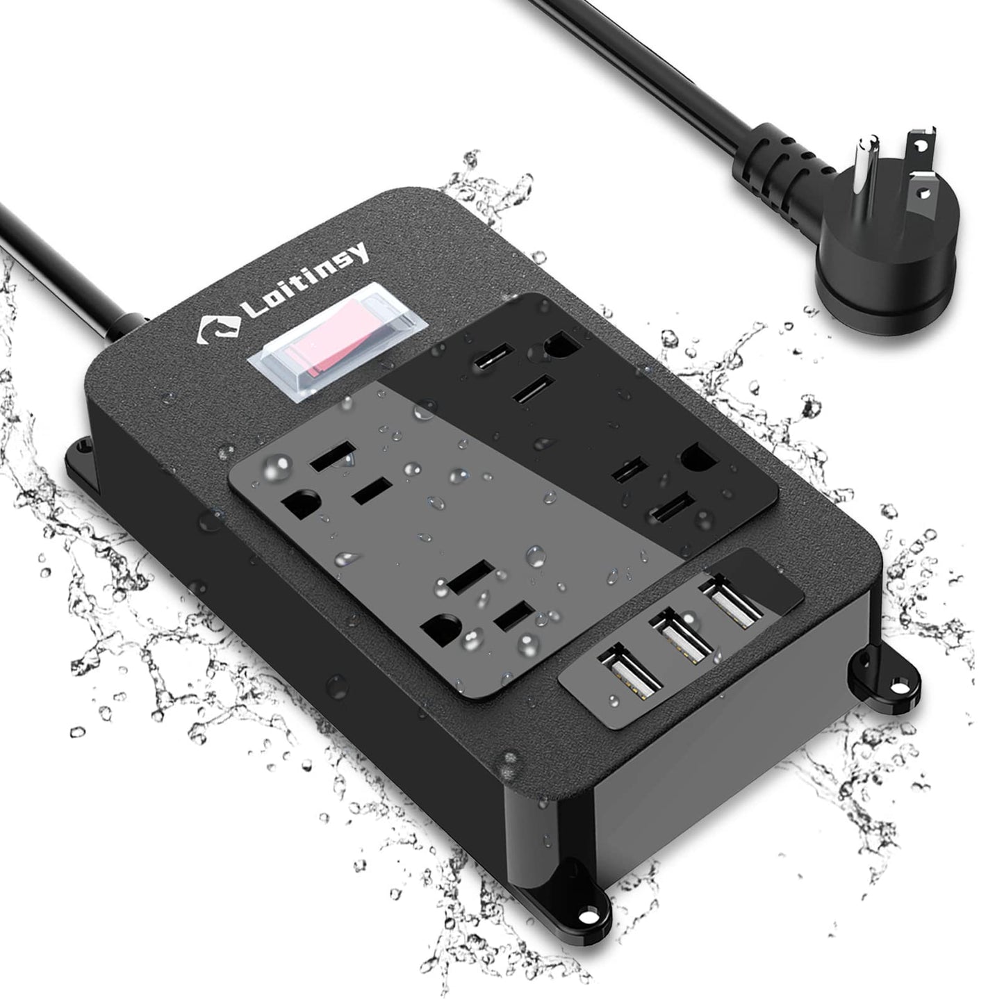 Outdoor Power Bar Waterproof, Outdoor Surge Protector Extension Cord 6 Feet with 4 Outlets, 3 USB Ports, Wall Mountable Power Bar, Overload Protection, Waterproof Outlet Extender for Kitchen, Bathroom