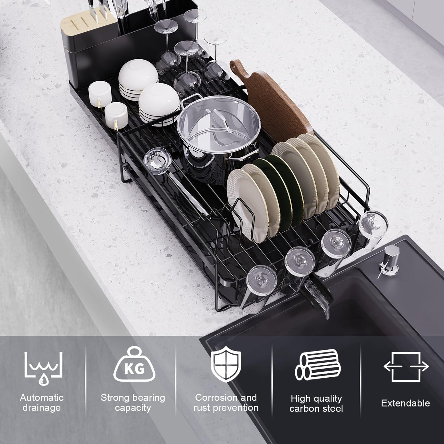 Runnatal Large Dish Drying Rack, Extendable Dish Rack with Drain Board, Utensil Holder, Cup Holder, Expandable Stainless Steel Dish Drainer for Kitchen Counter, 70 x 32 x 26cm