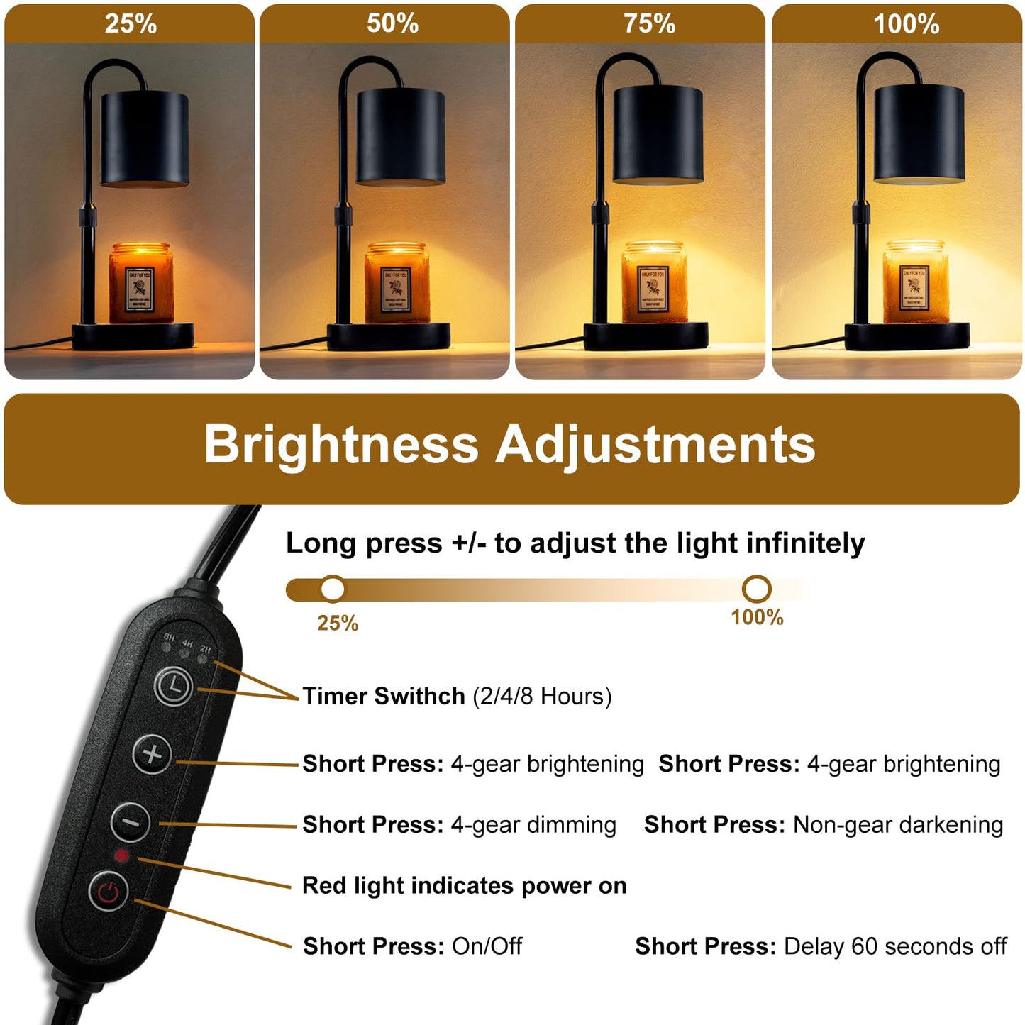 Briever Candle Warmer Lamp with Timer and Dimmer, Electric Candle Lamp Warmer for Jar Candles, Adjustable Height Candle Wax Warmer with 2 Bulbs & Wooden Base, Gifts for Women Home Decor, Black