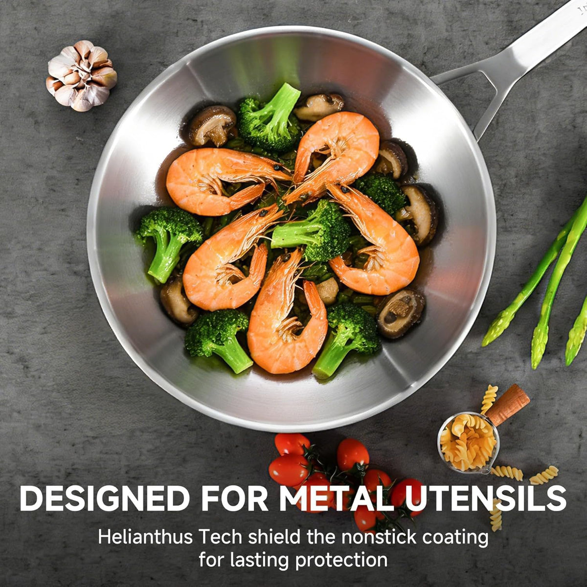 Inqibee 12-Inch Tri-ply Stainless Steel Wok Pan with Lid, Flat Bottom Stir-Fry Pan, Heavy Duty, Induction Compatible, Oven & Dishwasher Safe, Riveted Handle