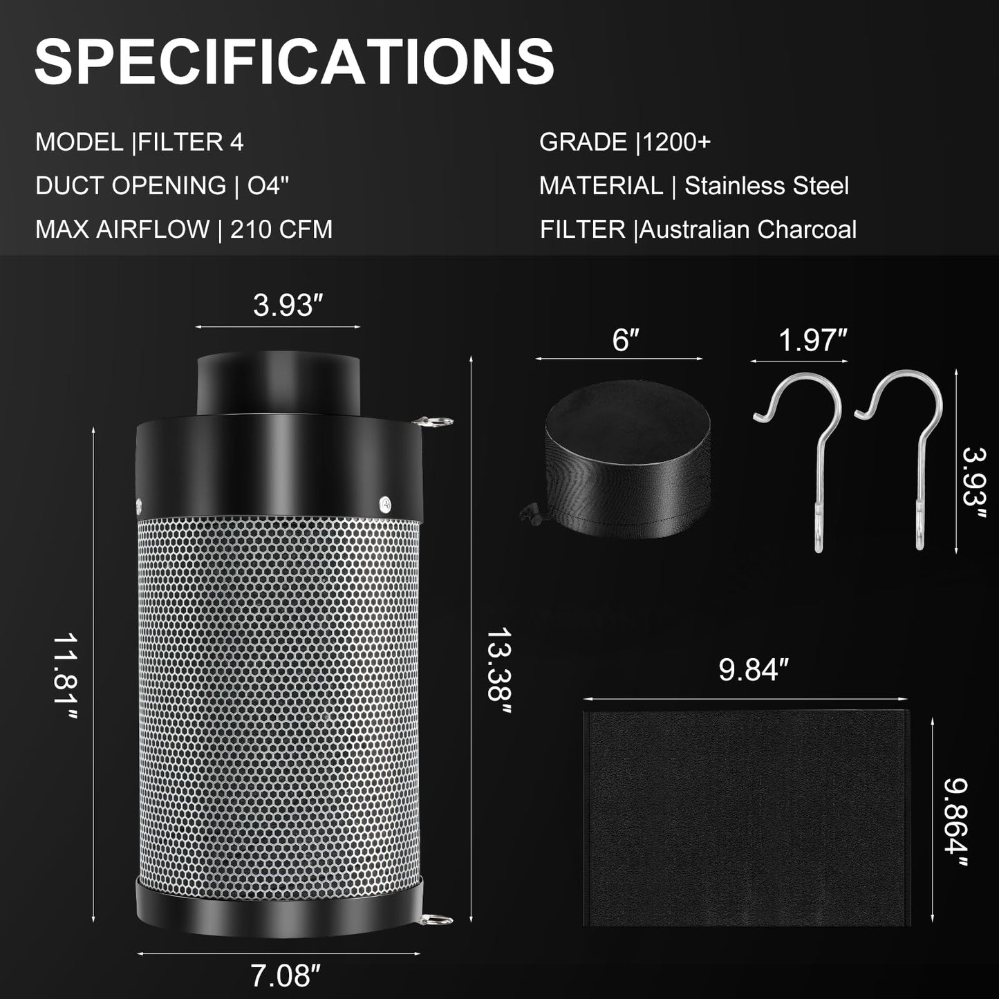 ATOUR 4 Inch Air Carbon Filter with Australian Virgin Charcoal – Odor Control. Built-in 5.5" Quiet Fan with Speed Control, for Inline Duct Fans & Grow Tents. Includes Vent Cover + Pre-Filter 4"x13.4"