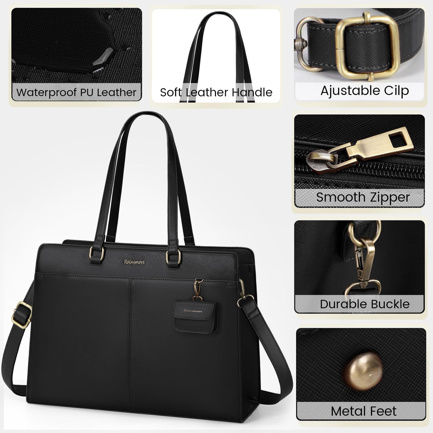 RAINSMORE Laptop Bags for Women 15.6 Inch Work Tote Bags Womens Waterproof PU Leather Shoulder Bag Laptop Briefcase for Office Women Black
