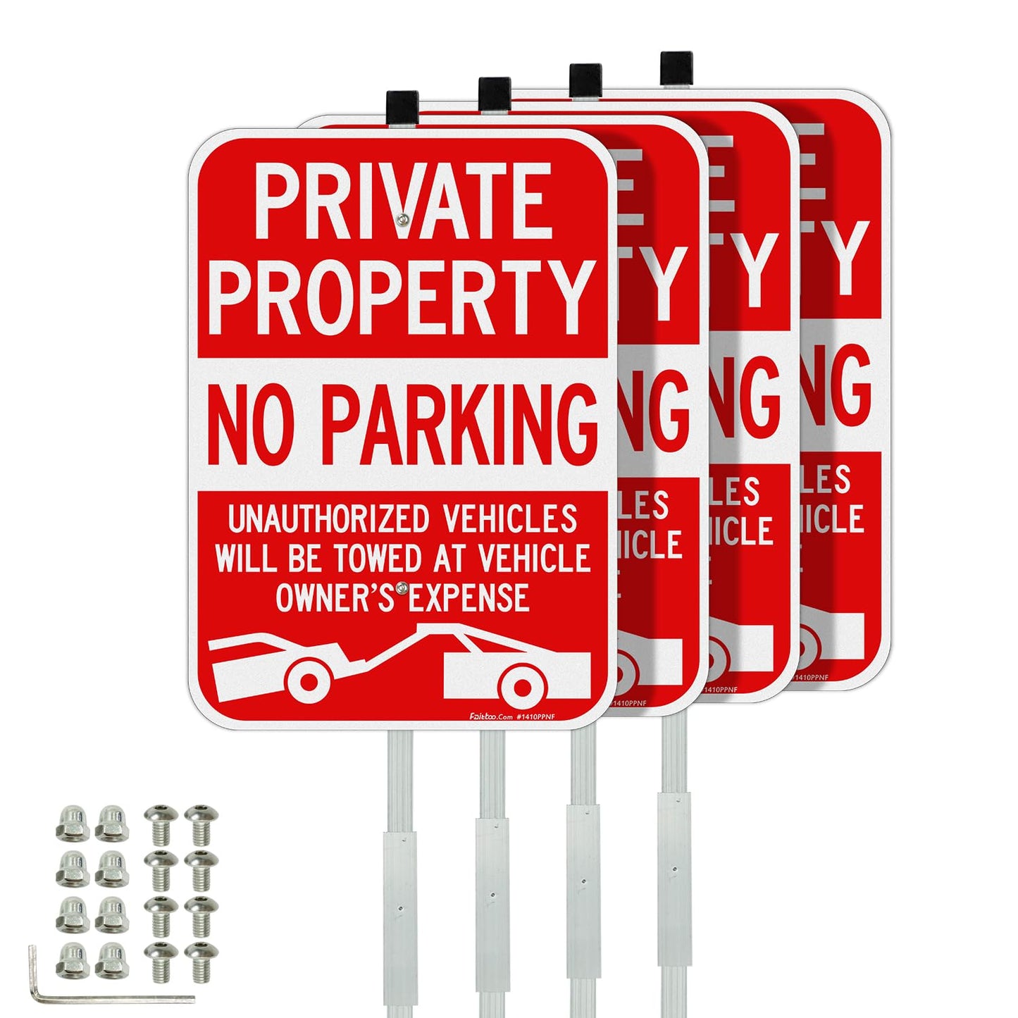 Faittoo Large Private Property No Parking Sign with 36" Stake, 4-Pack 14"x10" Vehicle Towed At Owner's Expense Aluminum Sign, Reflective, 2 pre-drilled holes, Includes Matching Screws & Wrench