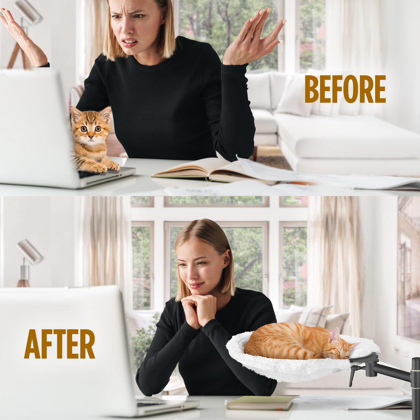 EVOMOTIVE Deskside Dreamer - Cat Desk Perch, [+ Catnip Fish Toy], Comes with [2 Washable Fabrics]: Mesh and Plush, 360° Rotating & Height Adjustable [White]. Max Weight 35LBS