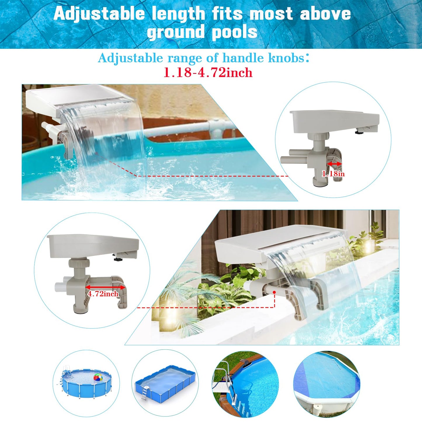 Pool Waterfall with 7-Color LED Lights, Swimming Pool Waterfall Fountain for Above Ground Pools, Smooth Flowing Waterfall with Light for Relaxation, Adjustable Width Fits 1.2" to 4.7" Frames