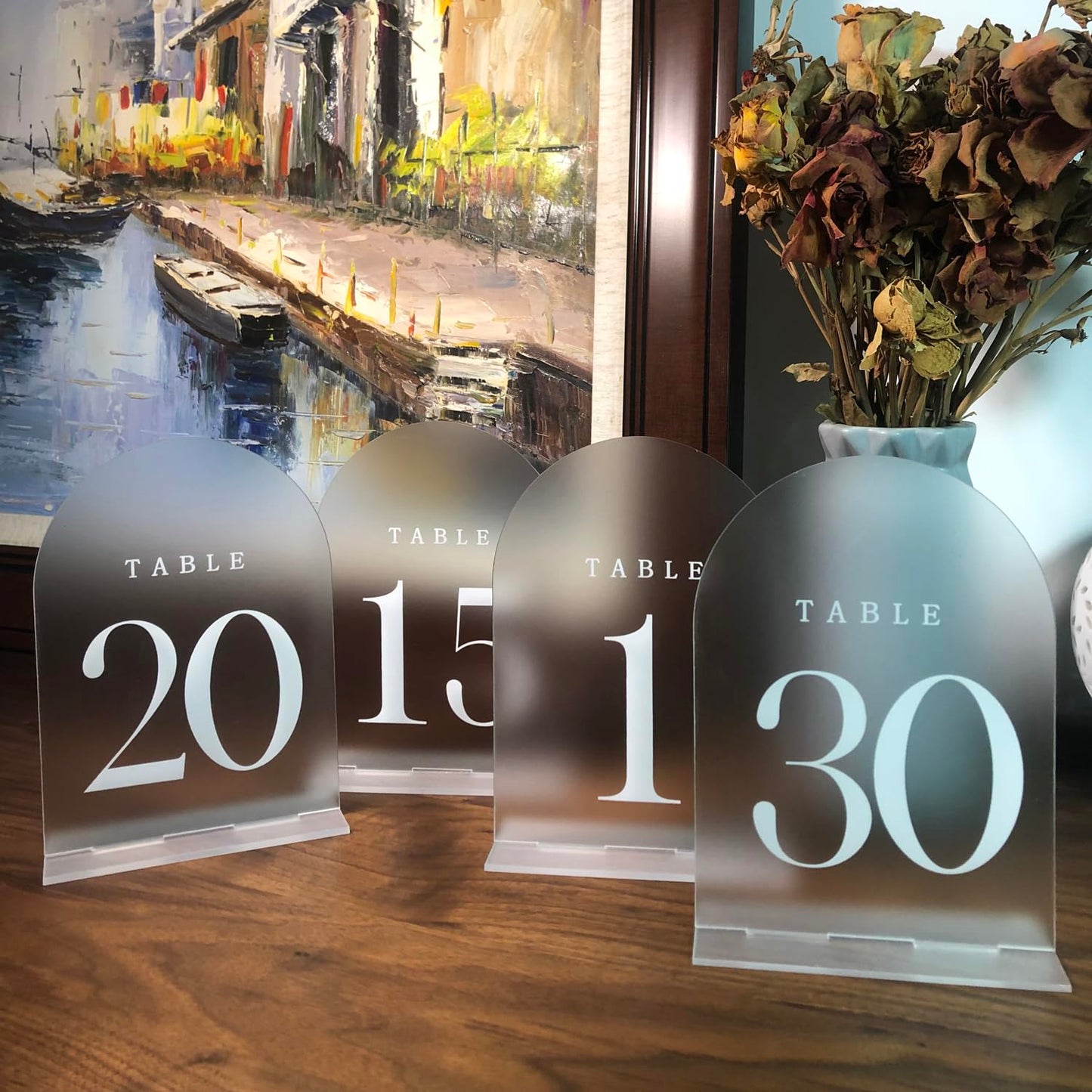 1-30 Wedding Table Numbers,Acrylic Table Numbers for Wedding Reception, 5x7Inch Acrylic Mirror Table Numbers with Stand, Frosted Arch Wedding Table Numbers with Holders, Perfect for Centerpiece,