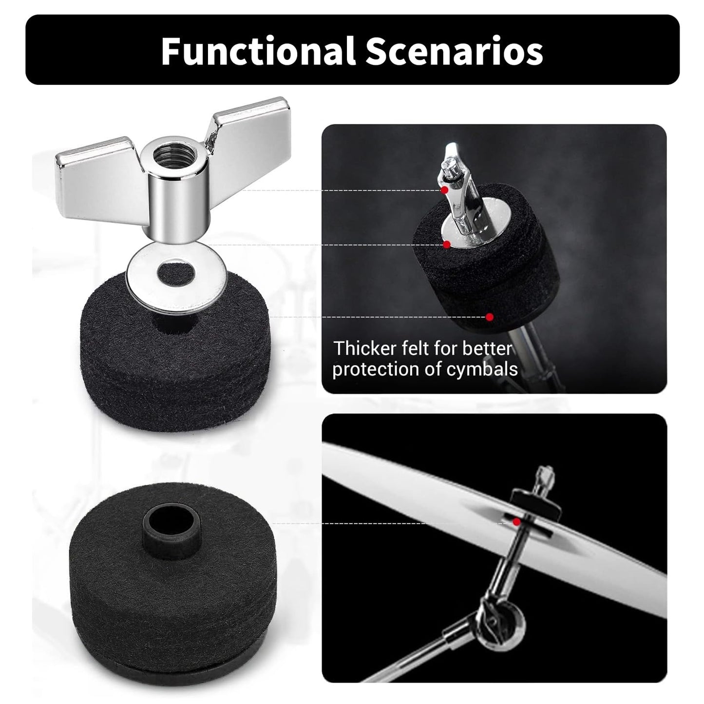 36 PCS Cymbal Replacement Accessories, Clutch Felts, Drum Cymbal Felt Pads Include Wing Nuts & Washers & Plastic Cymbals Sleeves & Drum Key and Plastic Cymbals Nuts, Replacement for Drum Set,Red