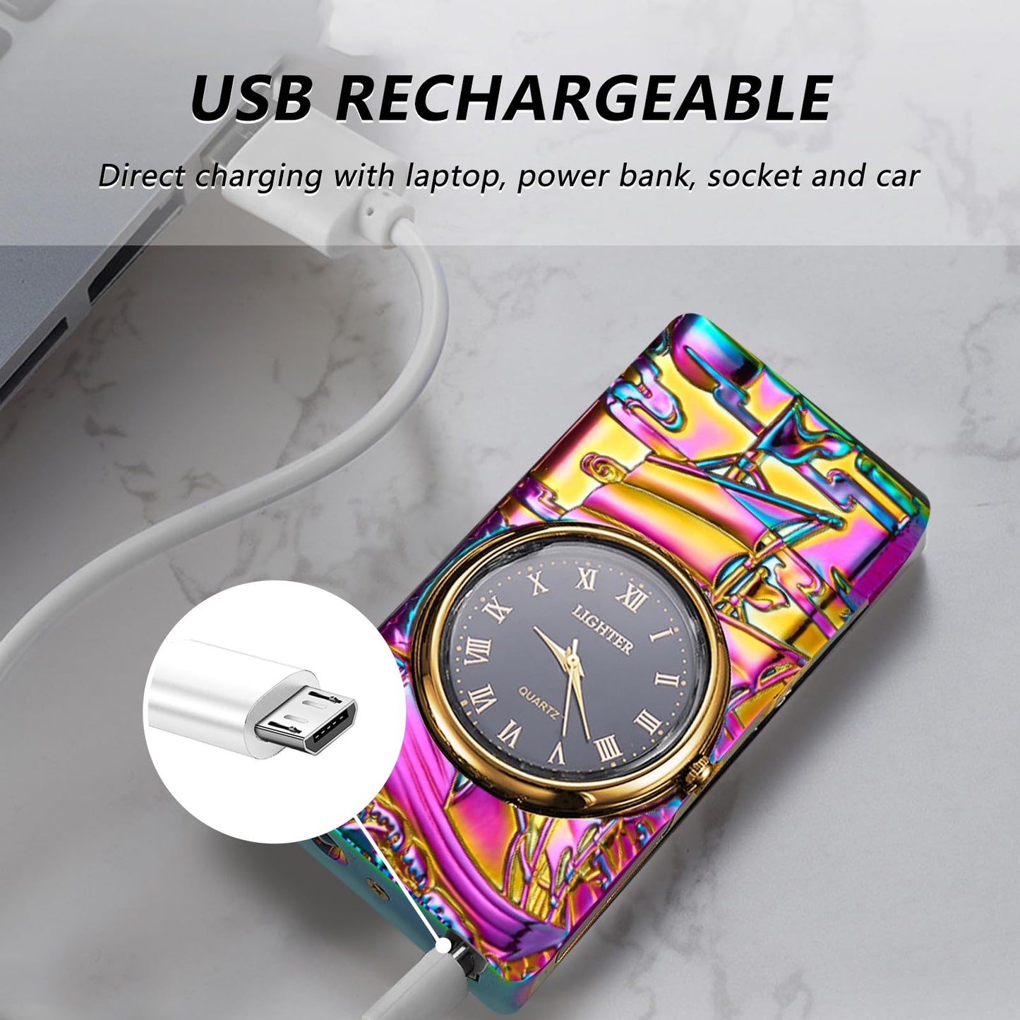 BABOBIU Electric Lighter Cool Lighter Windproof Flameless Candle Lighter USB Rechargeable Lighter with Cool Clock dial Gift for Men, Boyfriend, Husband (Colorful)