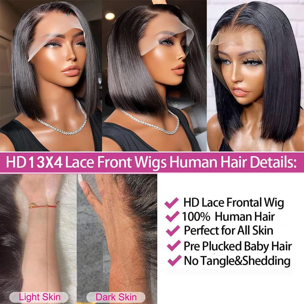 13x4 Lace Front Wigs Human Hair Bob Wigs for Women Human Hair Short Hair Straight Glueless Bob Wigs Human Hair Pre Plucked with Baby Hair 10 Inch Perruque Femme Humain Naturel