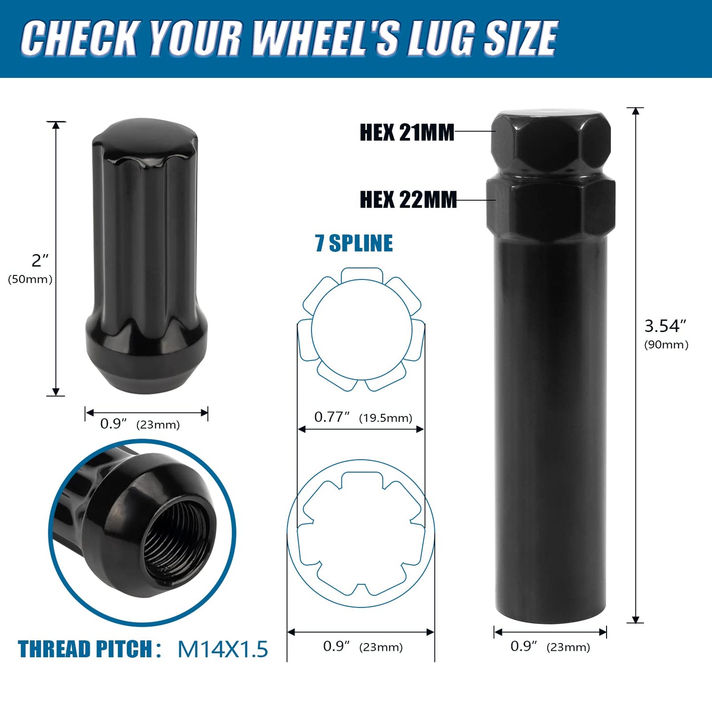 JiiinMiiin 24pcs M14x1.5 Lug Nuts Black with 7 Spline Tuner, 14x1.5 Locking Lugnuts 2 inch Length with 1 Socket Key, Fits Chevy GMC Cadillac Lincoln SAAB Saturn