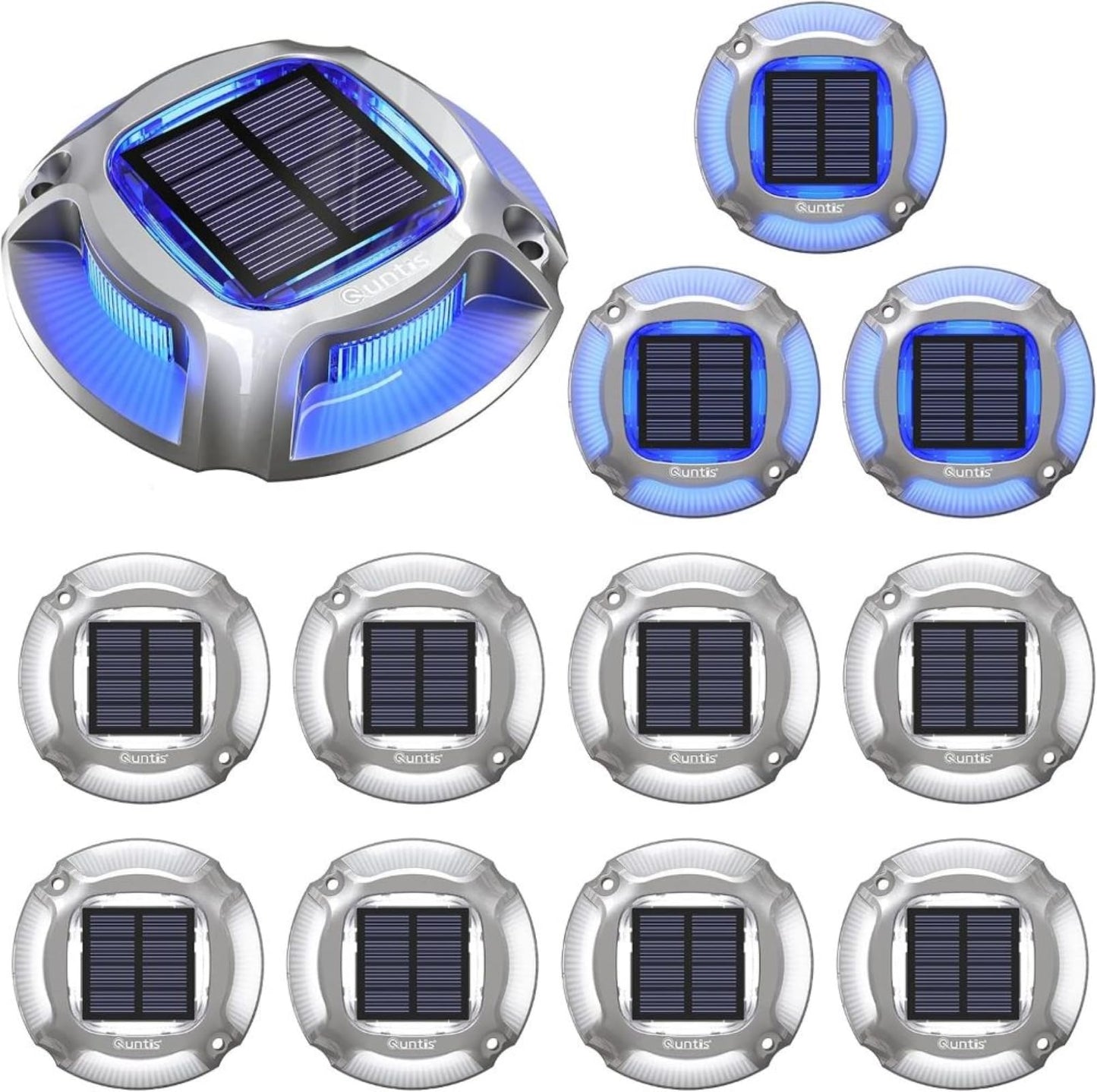 Quntis 12Pcs Solar Deck Lights, 2 Color Modes Blue+White Solar Driveway Lights, IP68 Waterproof Dock Lights Warning Step Lights, Aluminum Solar Lights Outdoor for Garden Stair Path Walkway