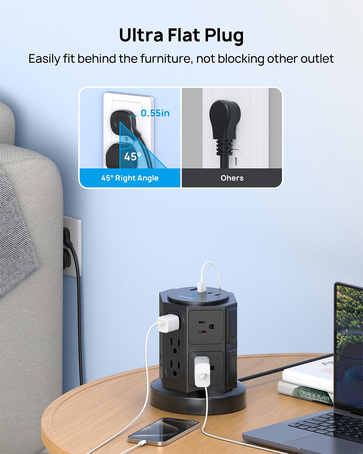 TROND Tower Power Bar Surge Protector with USB C, 14 Widely Spaced Outlets, 6ft Flat Plug Extension Cord Indoor, Vertical Desktop Charging Station for Home Office Desk Accessories, Black