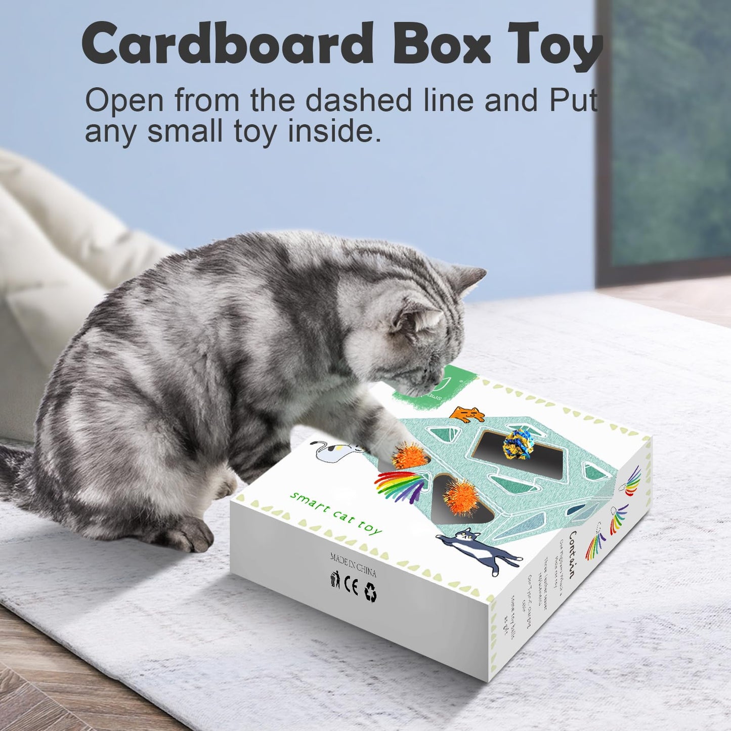 Migipaws Interactive White Cat Toy with Purple Cloth Bag, AI-Powered Mice Chase Game, Smart Sensor, Rechargeable, Durable, and DIY Ball Fun for Cats - 7 Holes, Cartoon Design