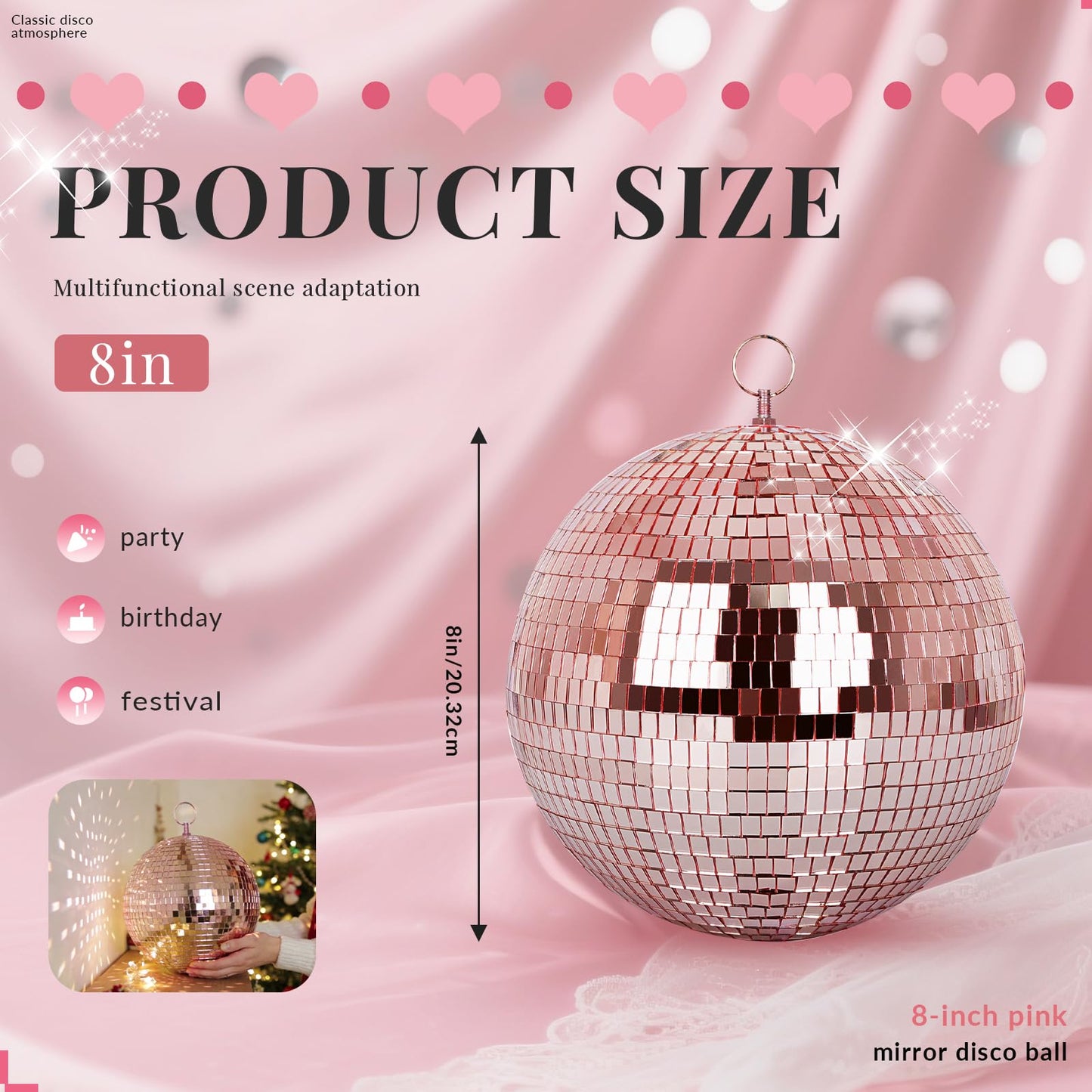 Mirror Ball for Disco DJ Club Party Wedding Home Decor, Muscab 8 Inch Disco Ball with Hanging Ring, Rose Gold