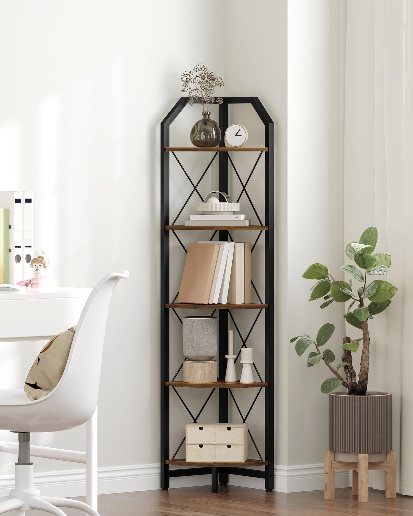 59.4" Corner Shelf, 5-Tier Industrial Corner Bookshelf, Corner Storage Stand, Plant Stand Display Shelf, Bookcase for Bedroom, Living Room, Home Office, Rustic Brown and Black TCJ10BF