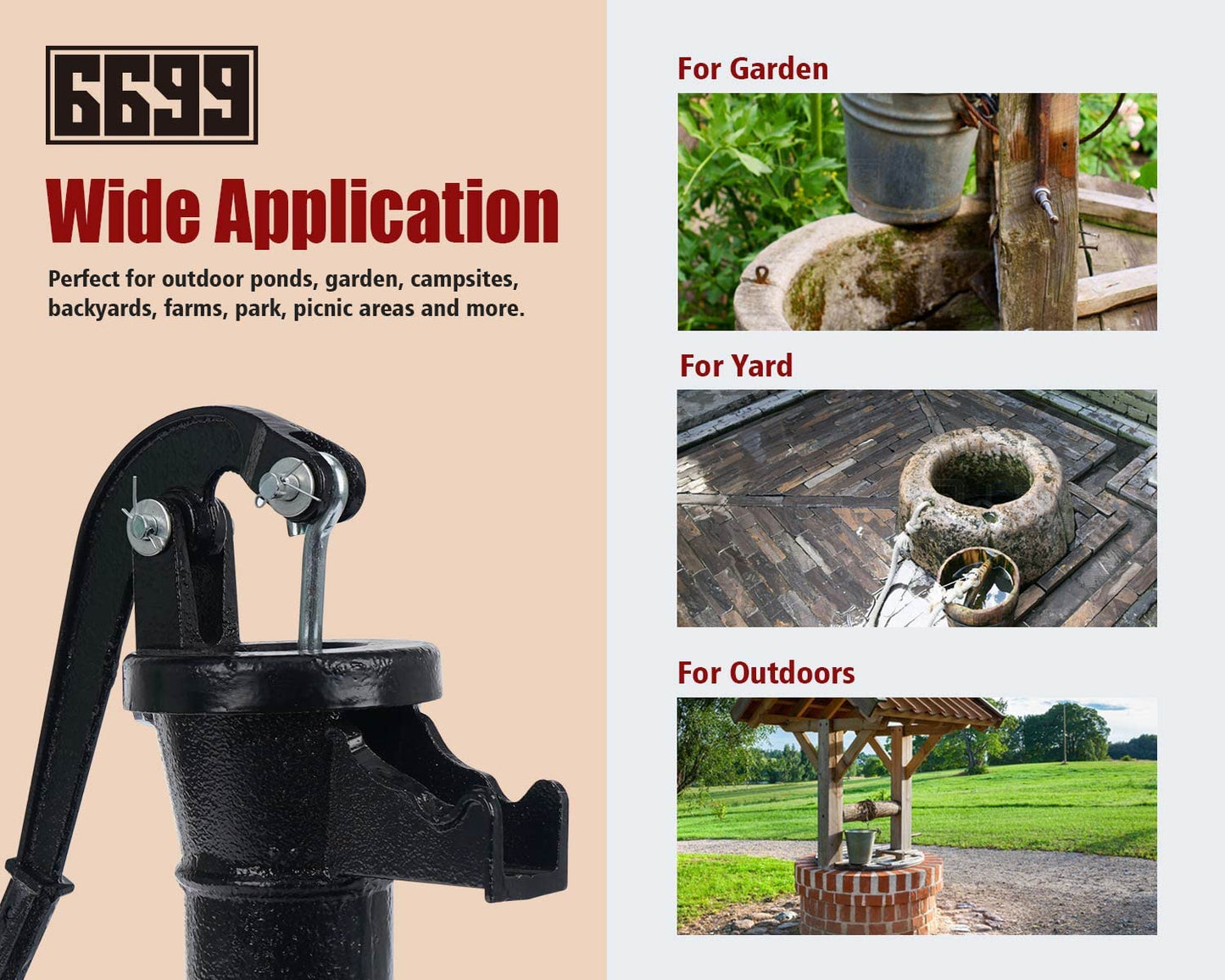 6699 Durable Cast Iron Pitcher Pump Antique Manual Hand Shake Suction Well Pump Water Transfer Pump 25ft Maximum Lift Easy Installation for Outdoor Garden Pond Backyards SWP 300 Black