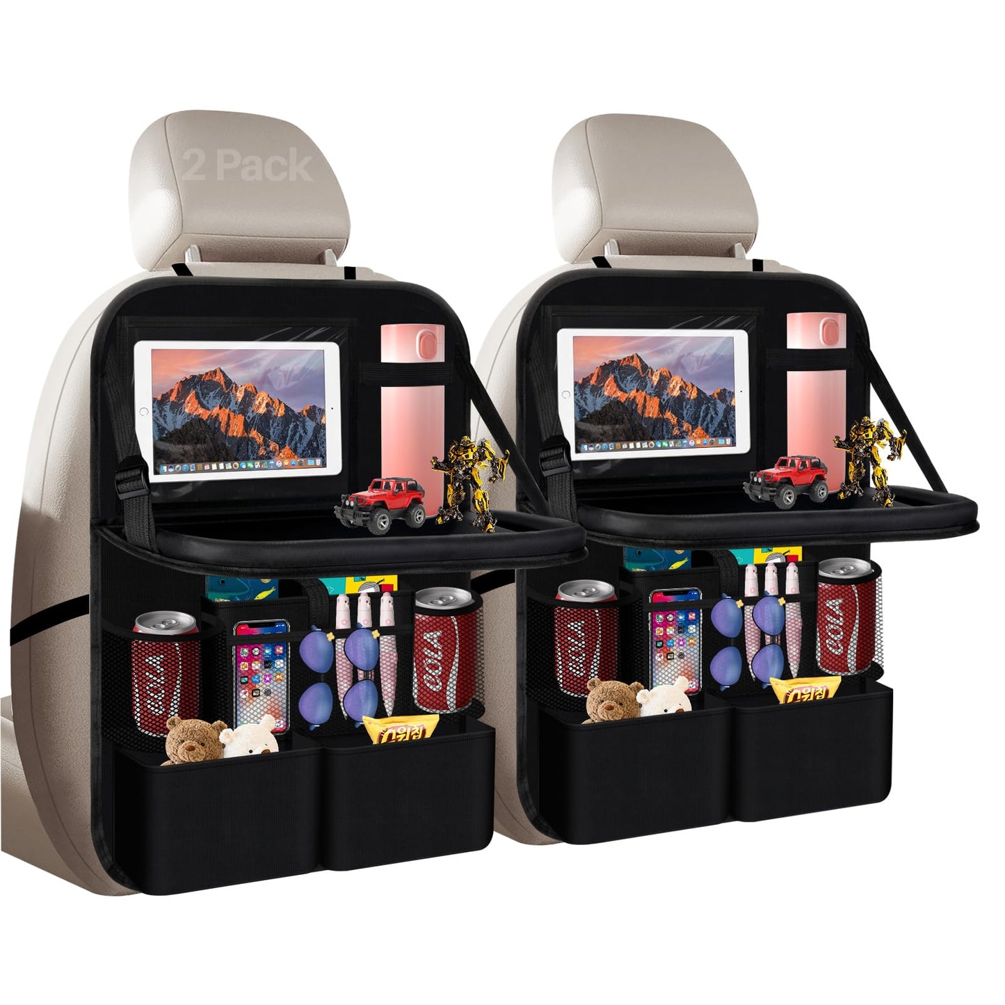 2 Pack Car Back Seat Organizer with Tablet Holder, Multi-Storage Pockets, Foldable Table Board, Black Travel Accessory for Electronics, Toys, Drinks