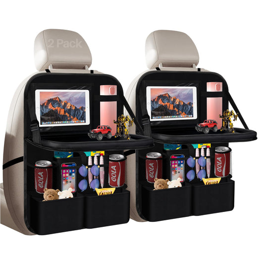 2 Pack Car Back Seat Organizer with Tablet Holder, Multi-Storage Pockets, Foldable Table Board, Black Travel Accessory for Electronics, Toys, Drinks