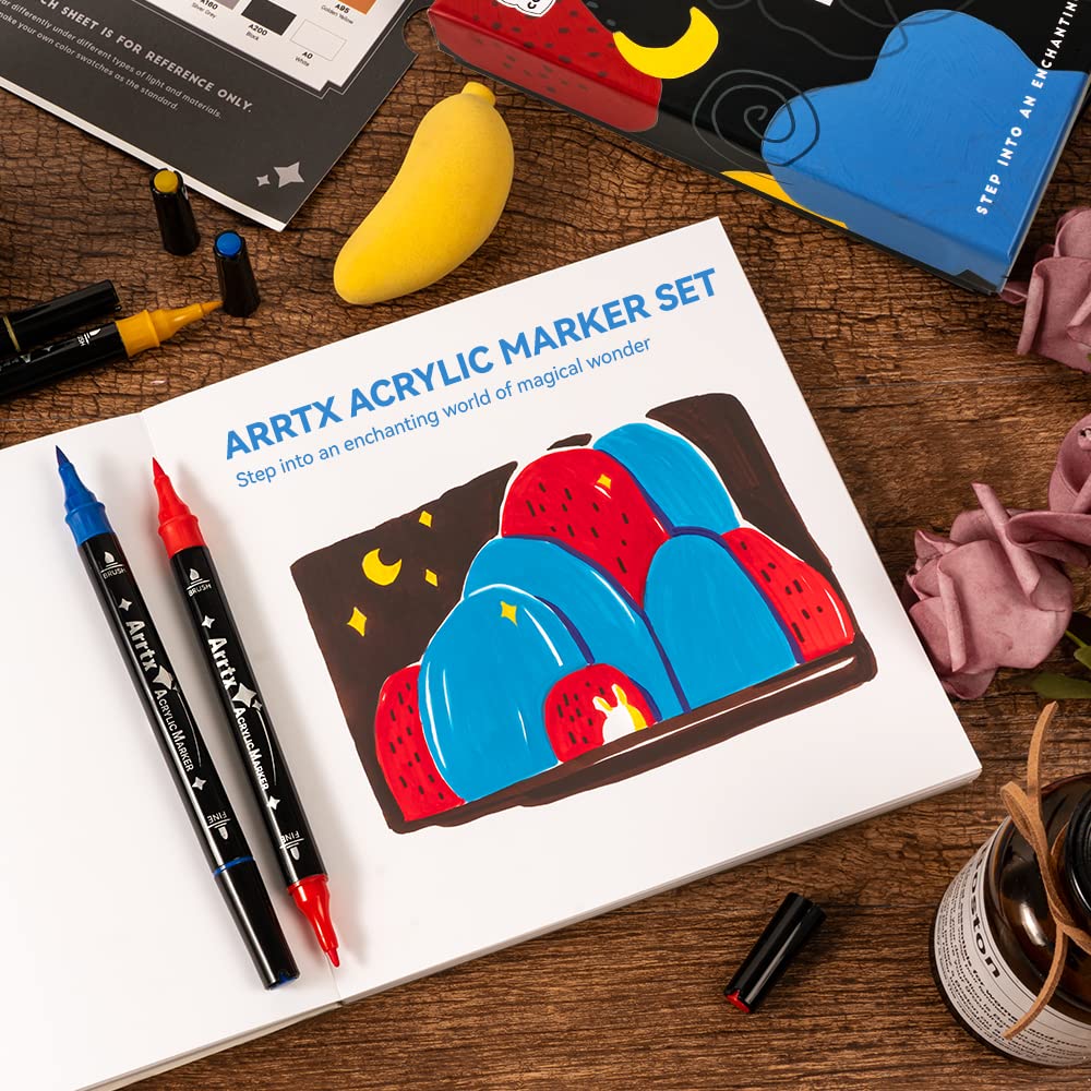 Arrtx Acrylic Paint Pens, 32 Colors Dual Tip (Brush & Fine) for Rock Painting, Fabric, Wood, Plastic, Canvas, Easter Eggs