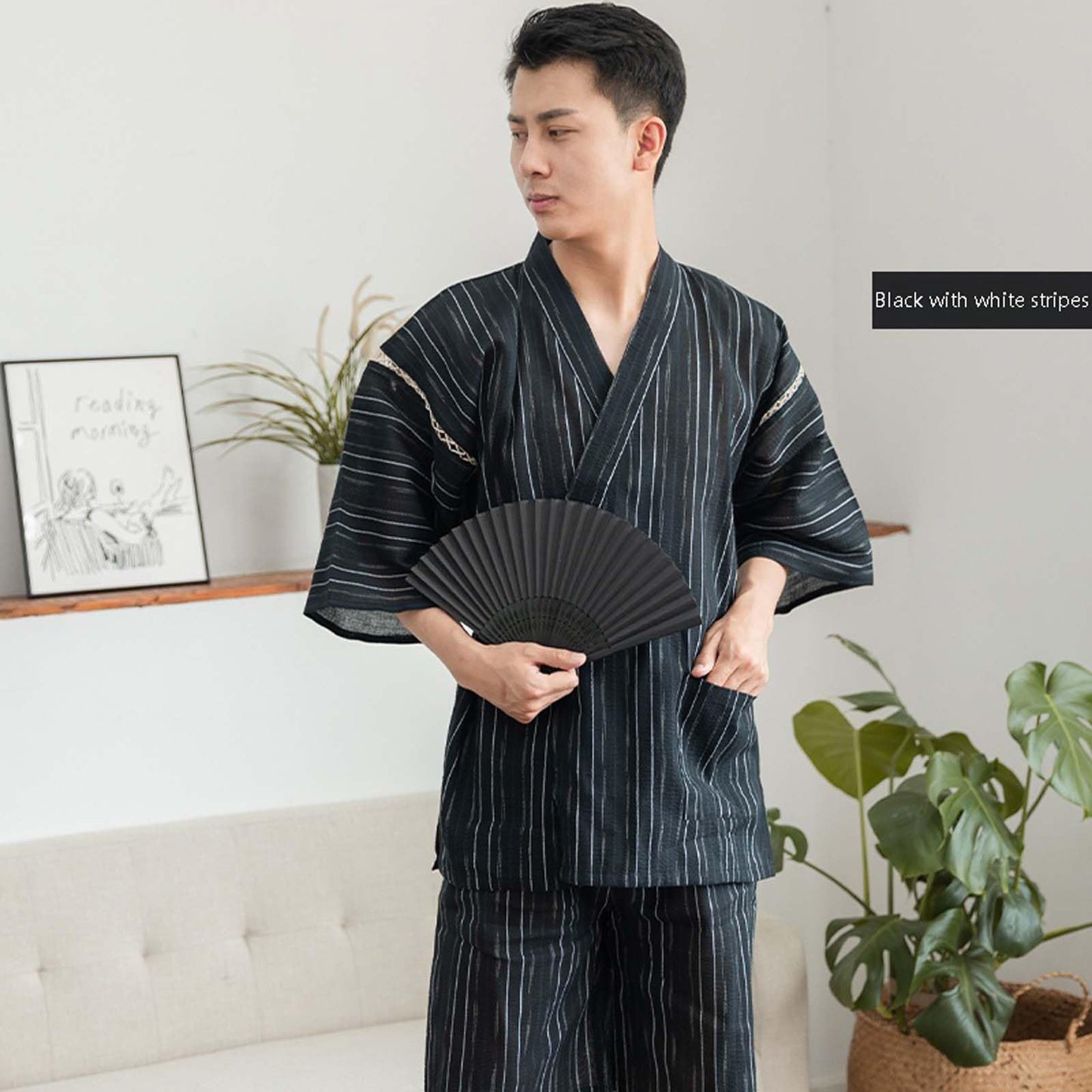 ZEALMAX Kimono Traditional Japanese Style Pajamas Set Shirt and Shorts, Men's Cotton Linen Loungewear Bathrobe Casual Clothes Multicolor, Multicolor, Large