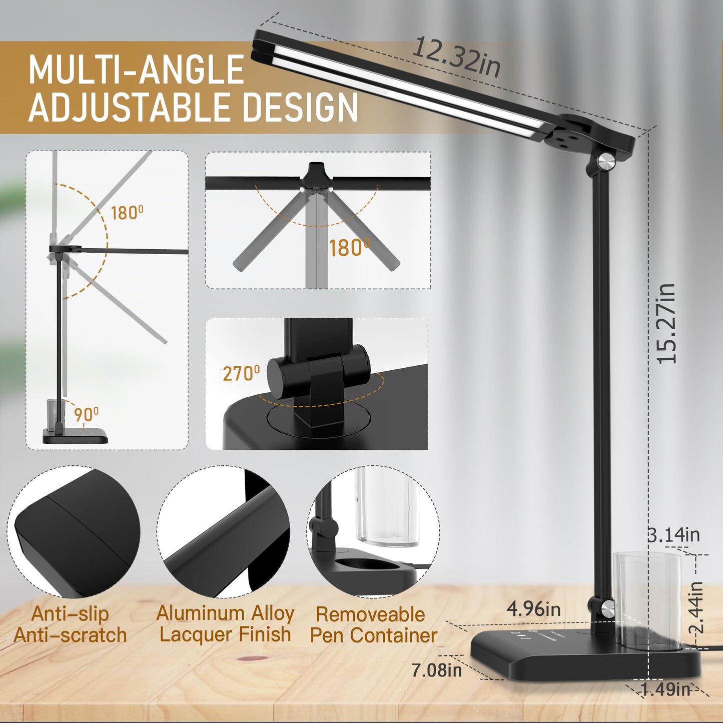 Dimmable LED Desk Lamp with USB Charging Port, 50 Lighting Modes Dual Swing Arm Architect Table Lamp Light Desk Lamp for Home Office Dorm Piano Nail