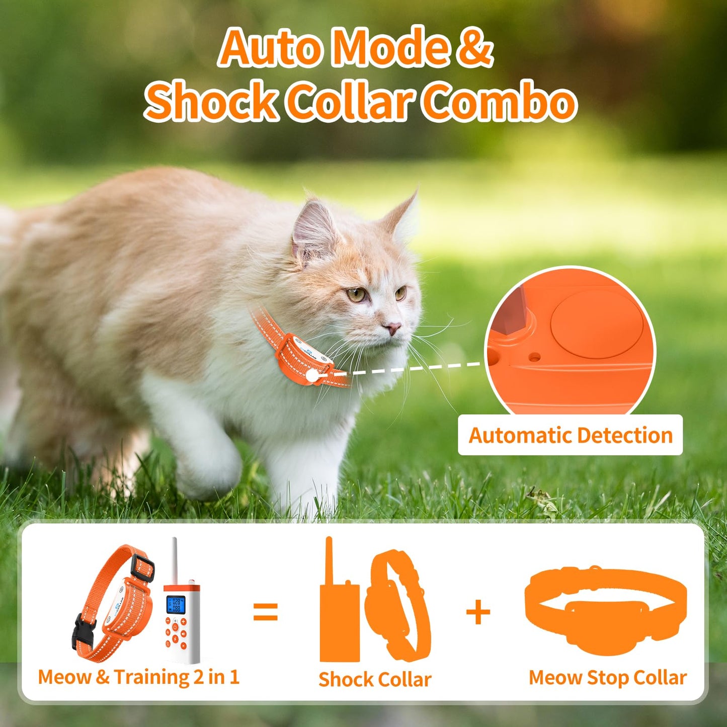2-in-1 Cat Shock Collar with Remote, Shock Collar for Cats with Beep Vibration Shock & Auto Stop Meowing 4 Modes, 2300ft Cat Training Collar Effective for Bad Behavior IP67 Waterproof