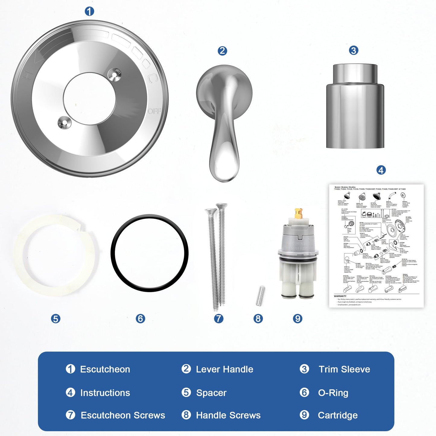 Replacement for D Faucet Classic 13 Series Single-Function Shower Valve Trim Kit, Shower Handle, Chrome Shower Trim Kit T13020 (RP46074 Cartridge Included, Valve Not Included)