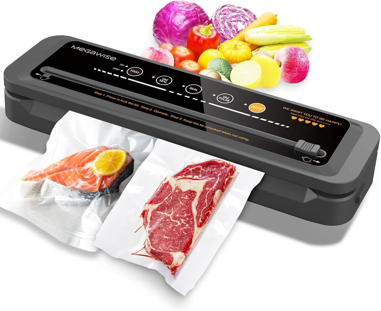 MEGAWISE Vacuum Sealer Machine, 80kPa Food Sealer with Dry & Moist Modes, Built-in Cutter, 10 Vacuum Bags and Accessory Hose, Compact One-Touch Sealing System for Meal Prep and Sous Vide