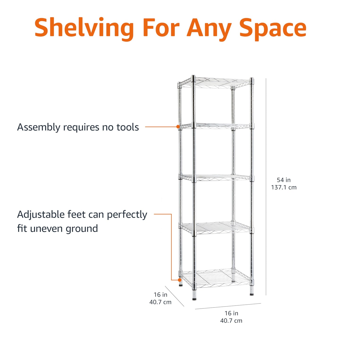 Amazon Basics 5-Shelf Tower Adjustable Storage Shelving Unit, Chrome, 40.64 cm D x 40.64 cm W x 137.16 cm H