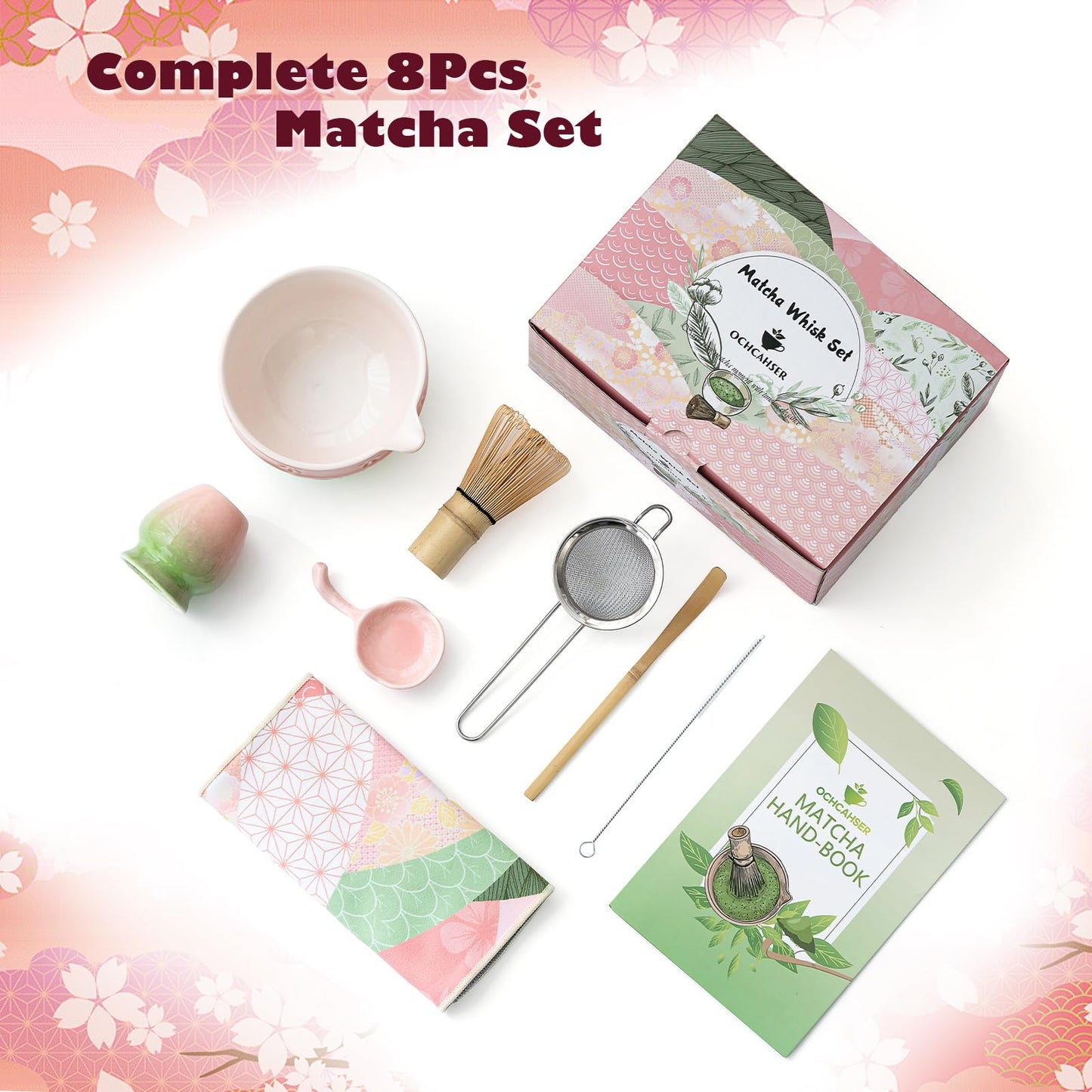 Matcha Tea Set, 8 Pcs Japanese Matcha Kit with Cherry Blossom and Wave Design Ceramic Bowl, Bamboo Whisk, Whisk Holder, Scoop, Sifter, Brush, Matcha Whisk Set for Matcha Lovers (Pink-Green)